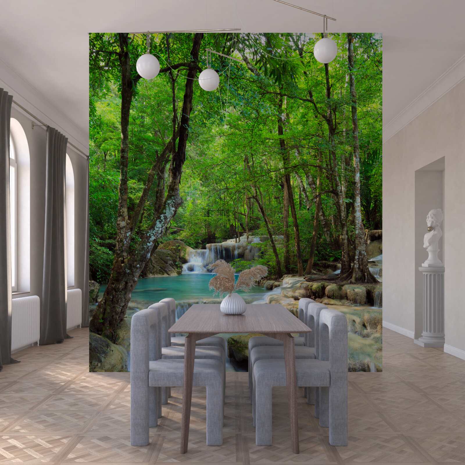 Фотошпалери водоспад зі струменями кришталево чистої води, що каскадом спадають вниз