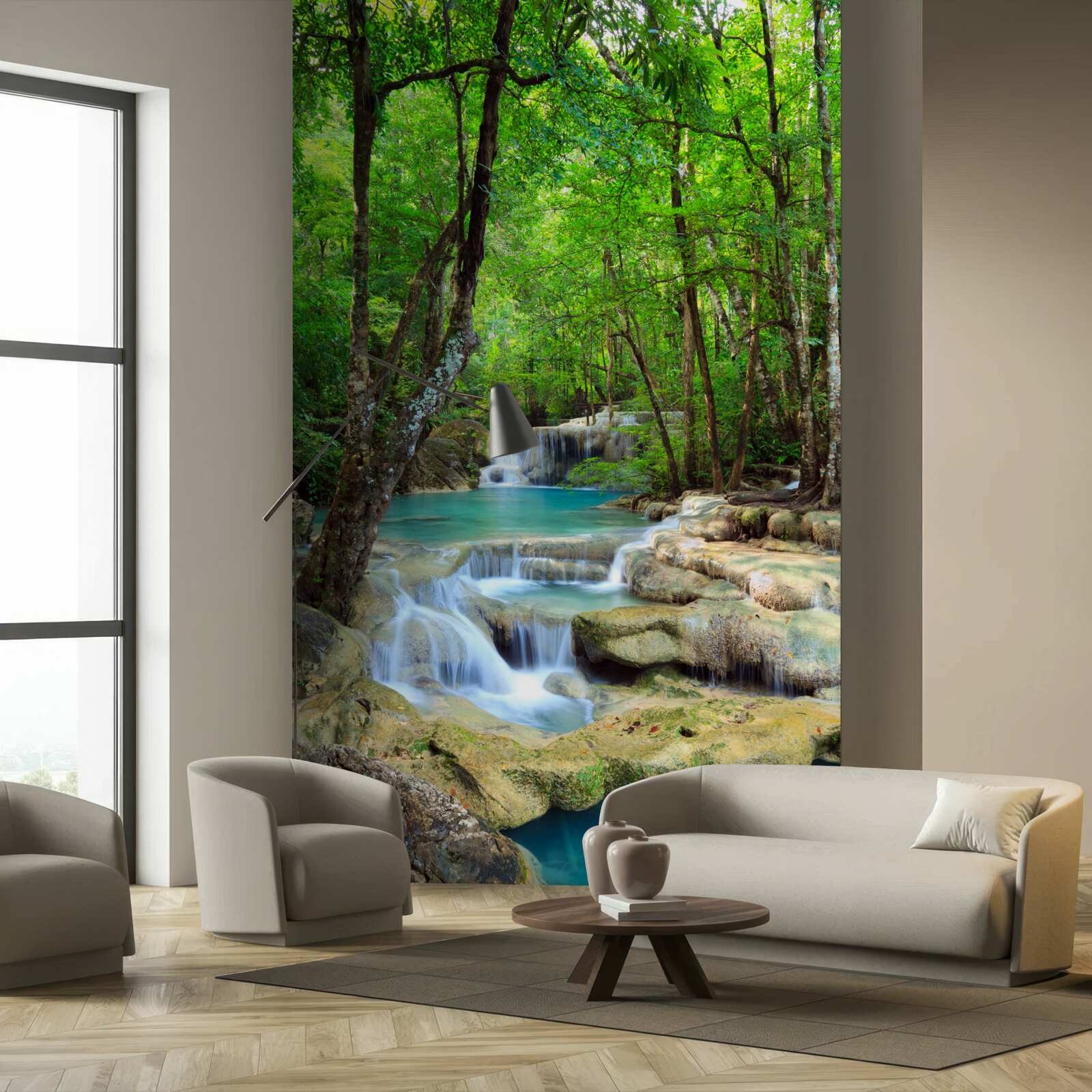 Фотошпалери водоспад зі струменями кришталево чистої води, що каскадом спадають вниз