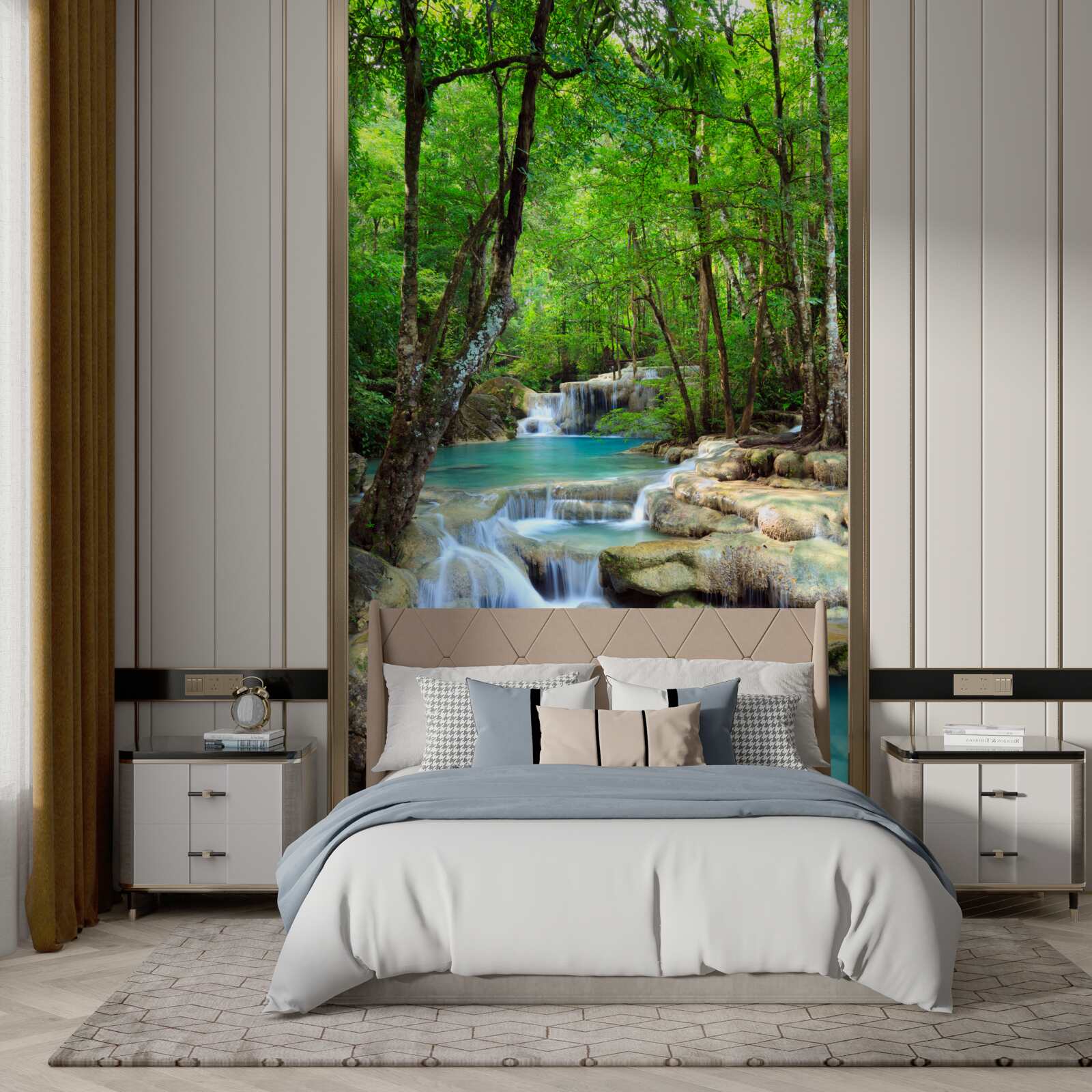 Фотошпалери водоспад зі струменями кришталево чистої води, що каскадом спадають вниз