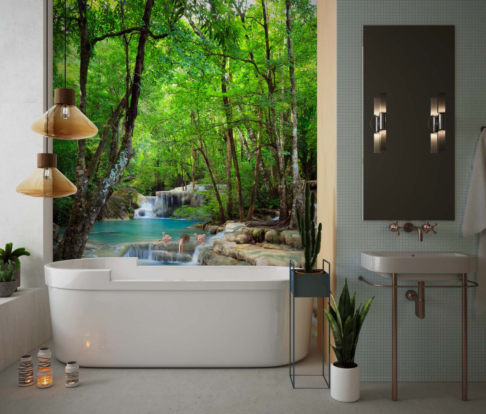 Фотошпалери водоспад зі струменями кришталево чистої води, що каскадом спадають вниз