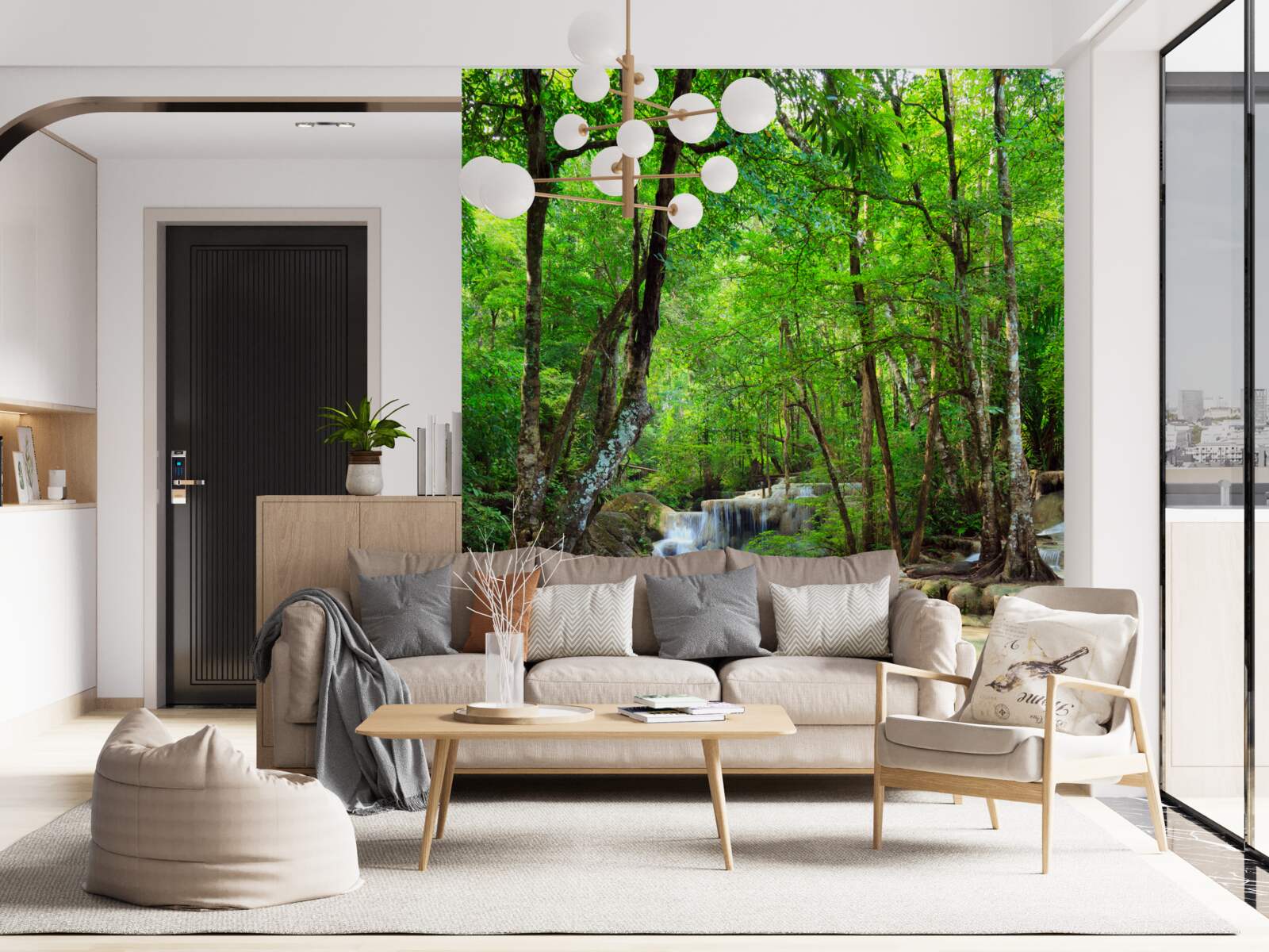 Фотошпалери водоспад зі струменями кришталево чистої води, що каскадом спадають вниз