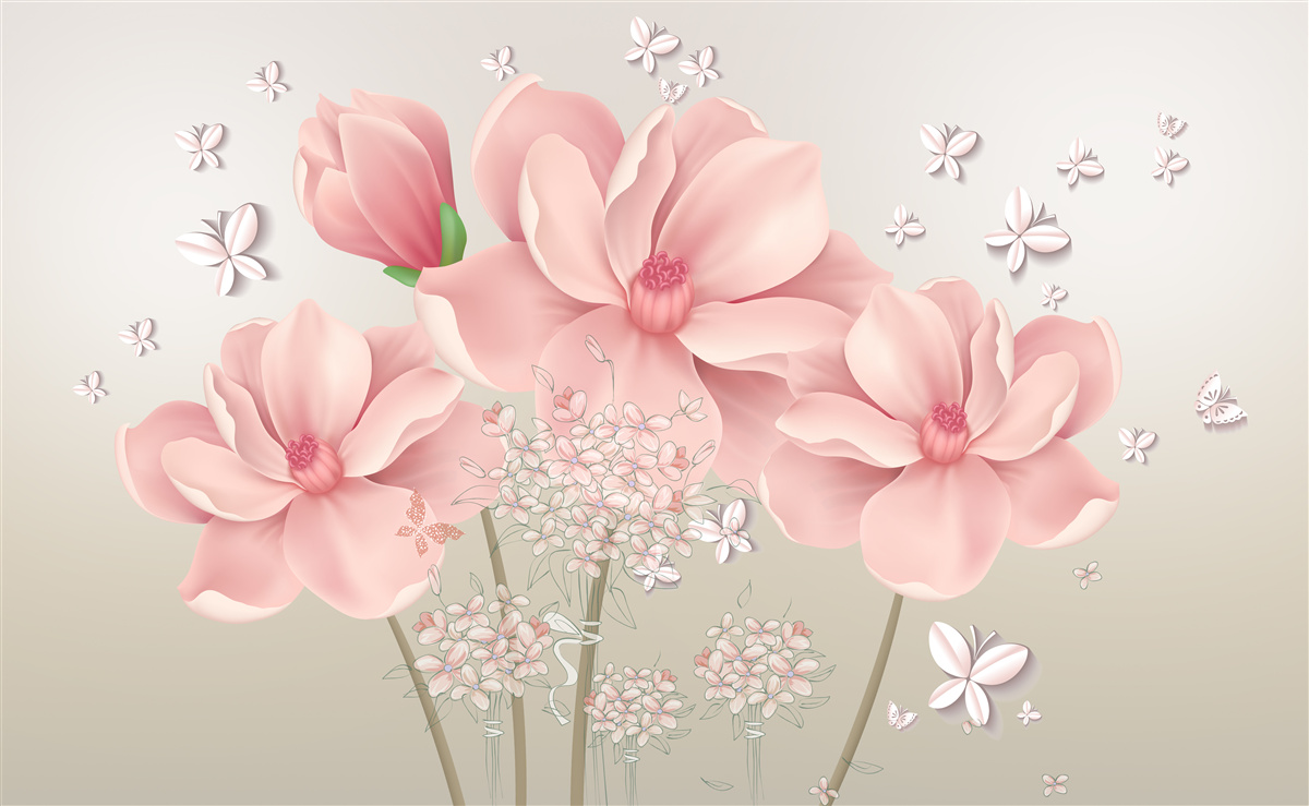 Фотошпалери білі метелики та рожеві квіти