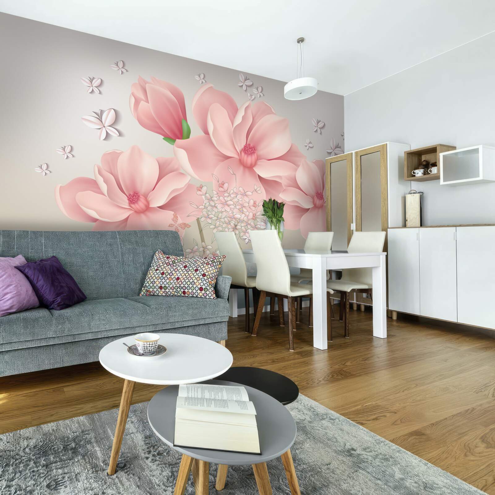 Фотошпалери білі метелики та рожеві квіти