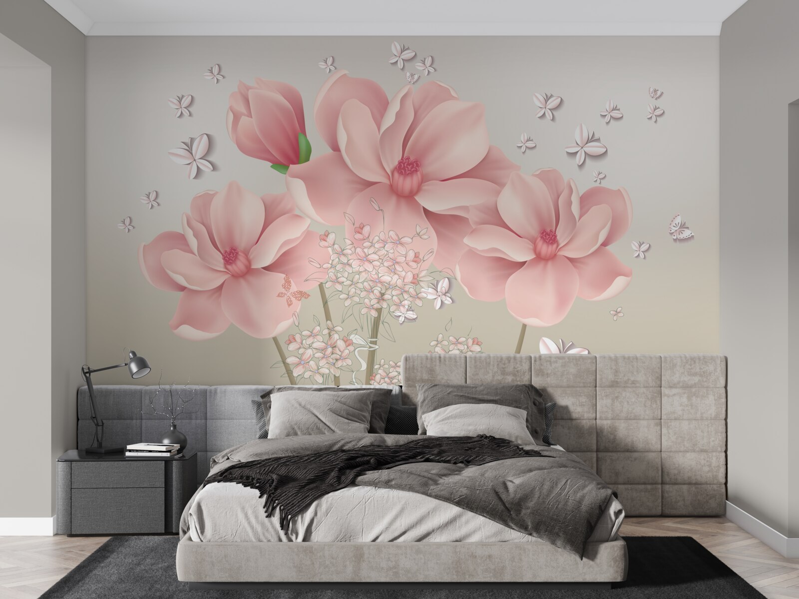 Фотошпалери білі метелики та рожеві квіти