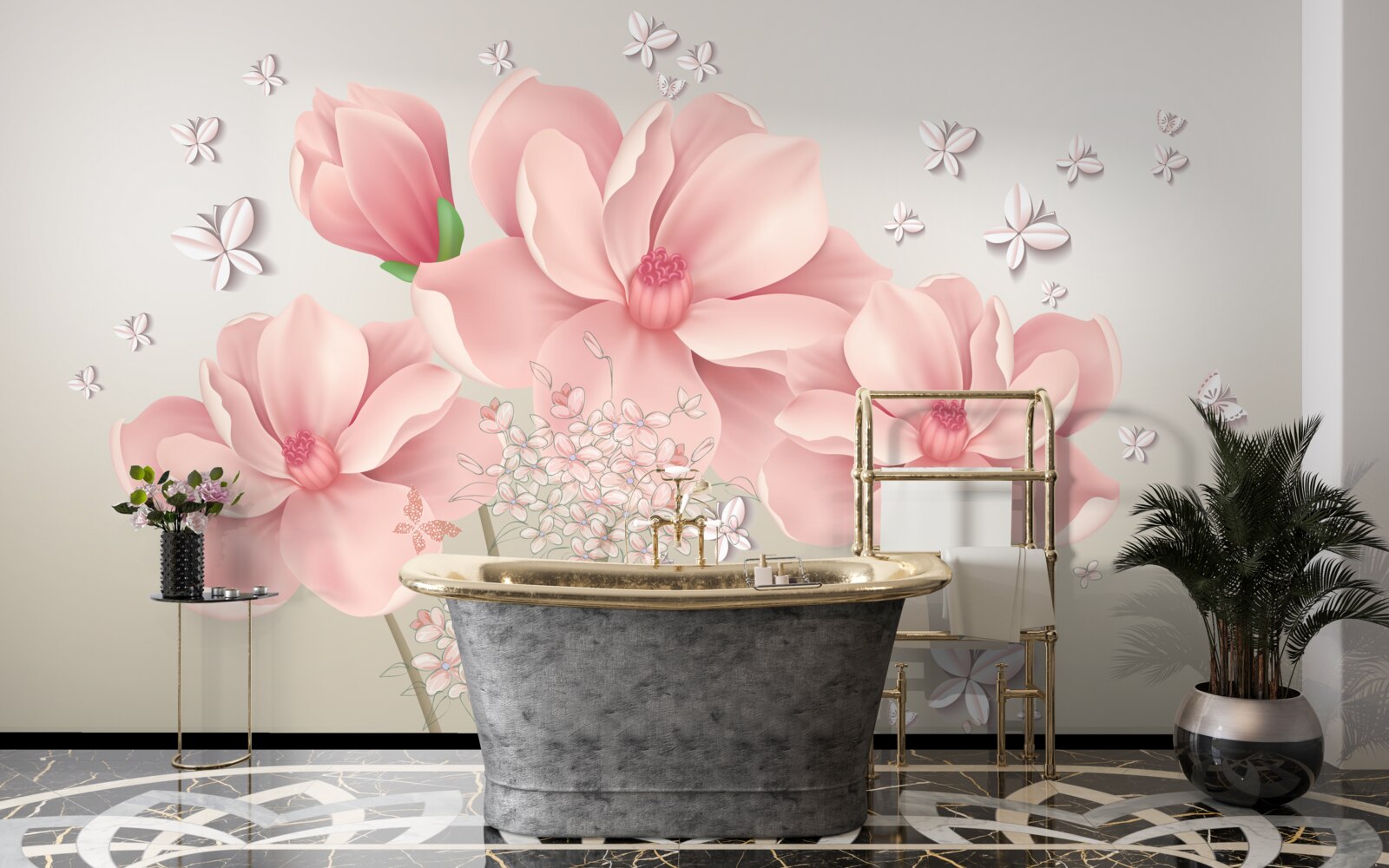 Фотошпалери білі метелики та рожеві квіти