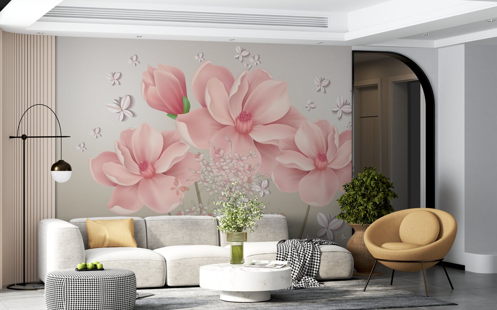 Фотошпалери білі метелики та рожеві квіти