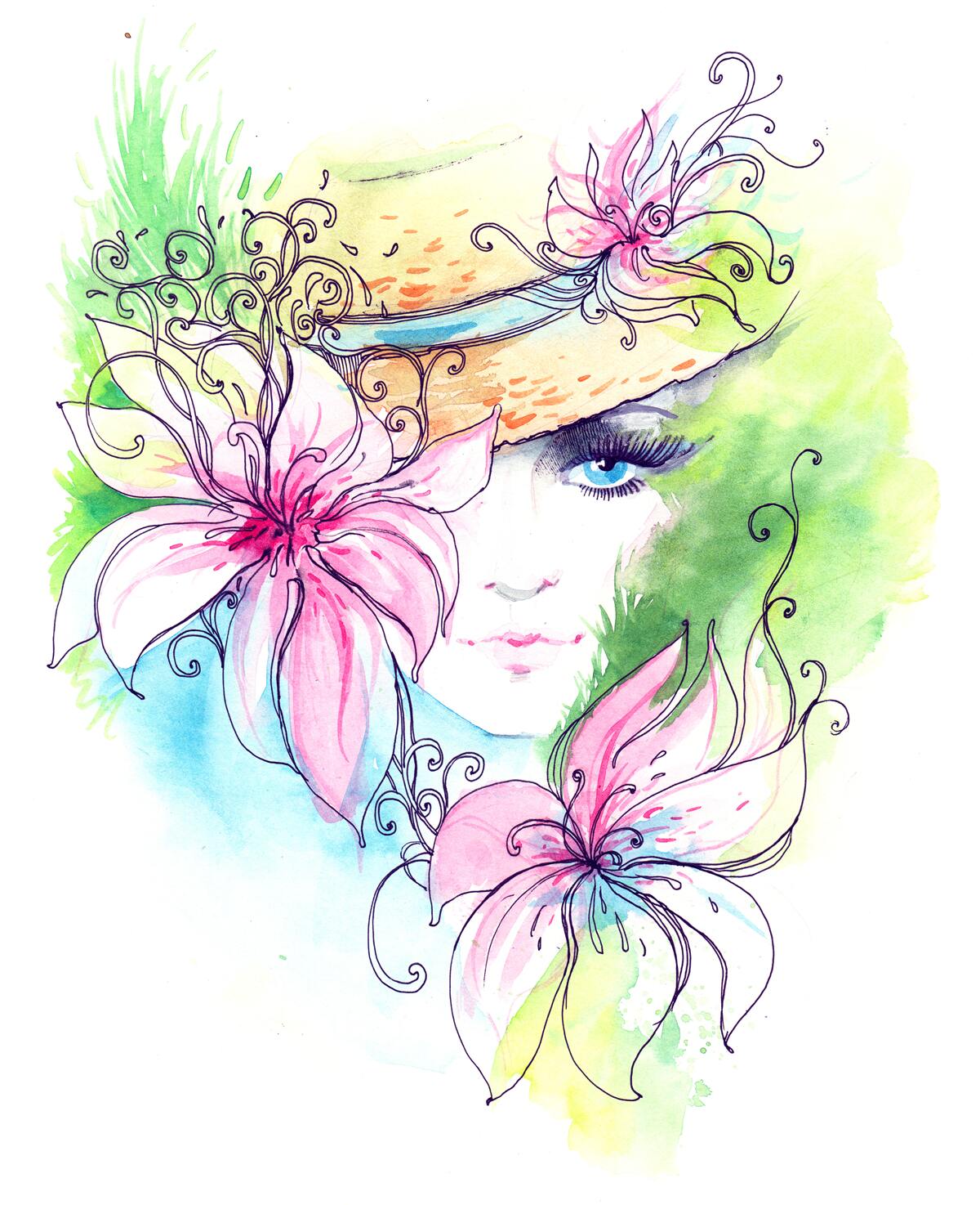 Фотошпалери портрет дівчини та квіти, зображені на картині