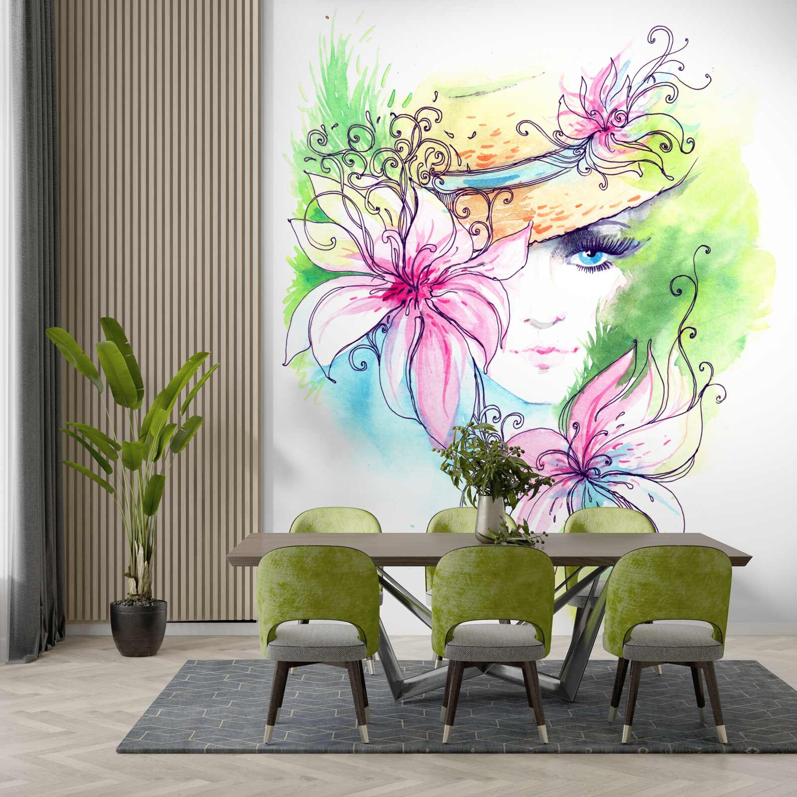 Фотошпалери портрет дівчини та квіти, зображені на картині