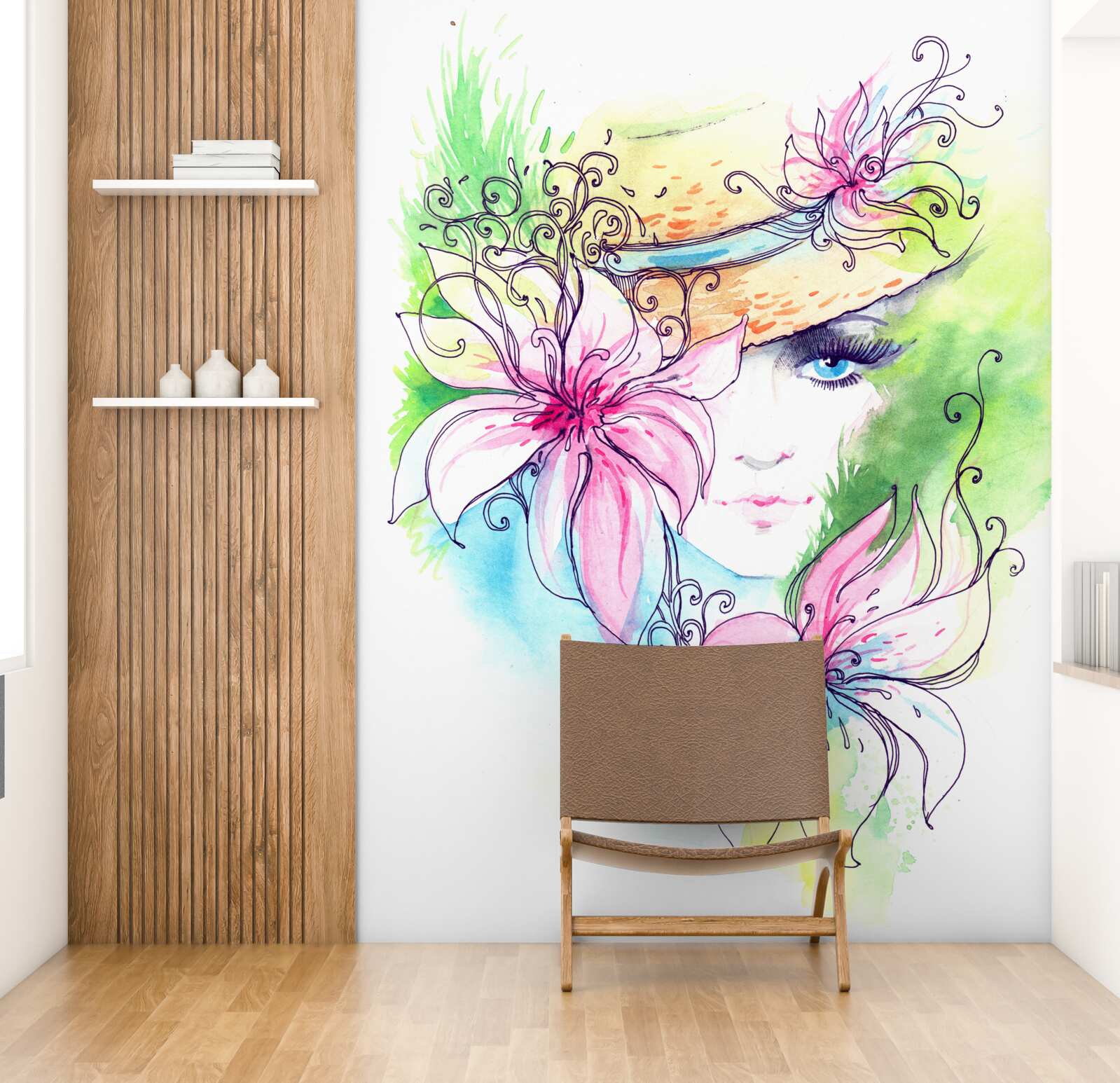 Фотошпалери портрет дівчини та квіти, зображені на картині