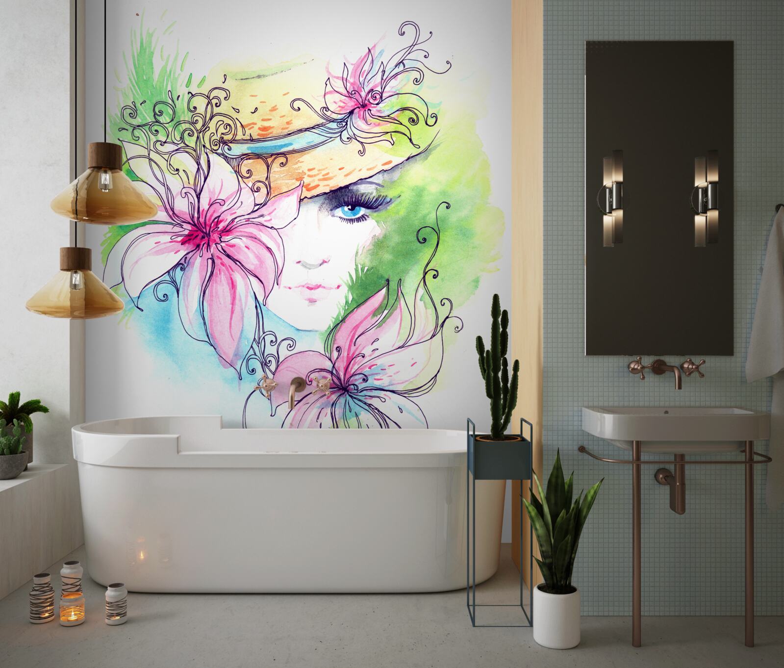 Фотошпалери портрет дівчини та квіти, зображені на картині