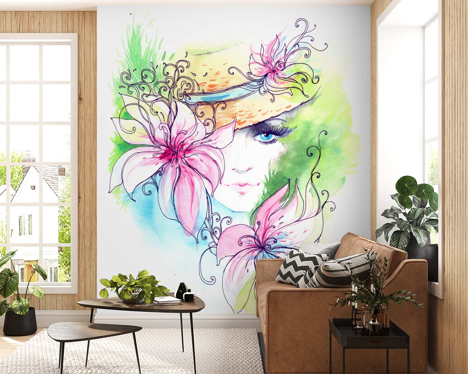 Фотошпалери портрет дівчини та квіти, зображені на картині