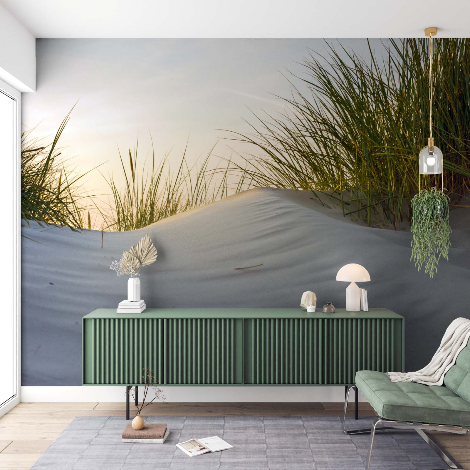 Фотошпалери пляжний пісок, оточений зеленню на сході сонця