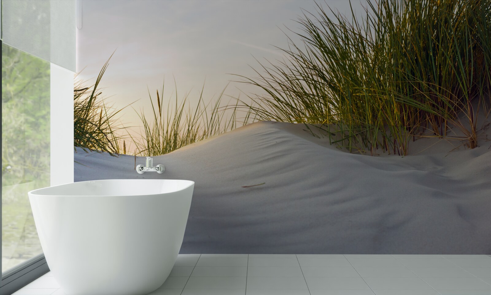 Фотошпалери пляжний пісок, оточений зеленню на сході сонця