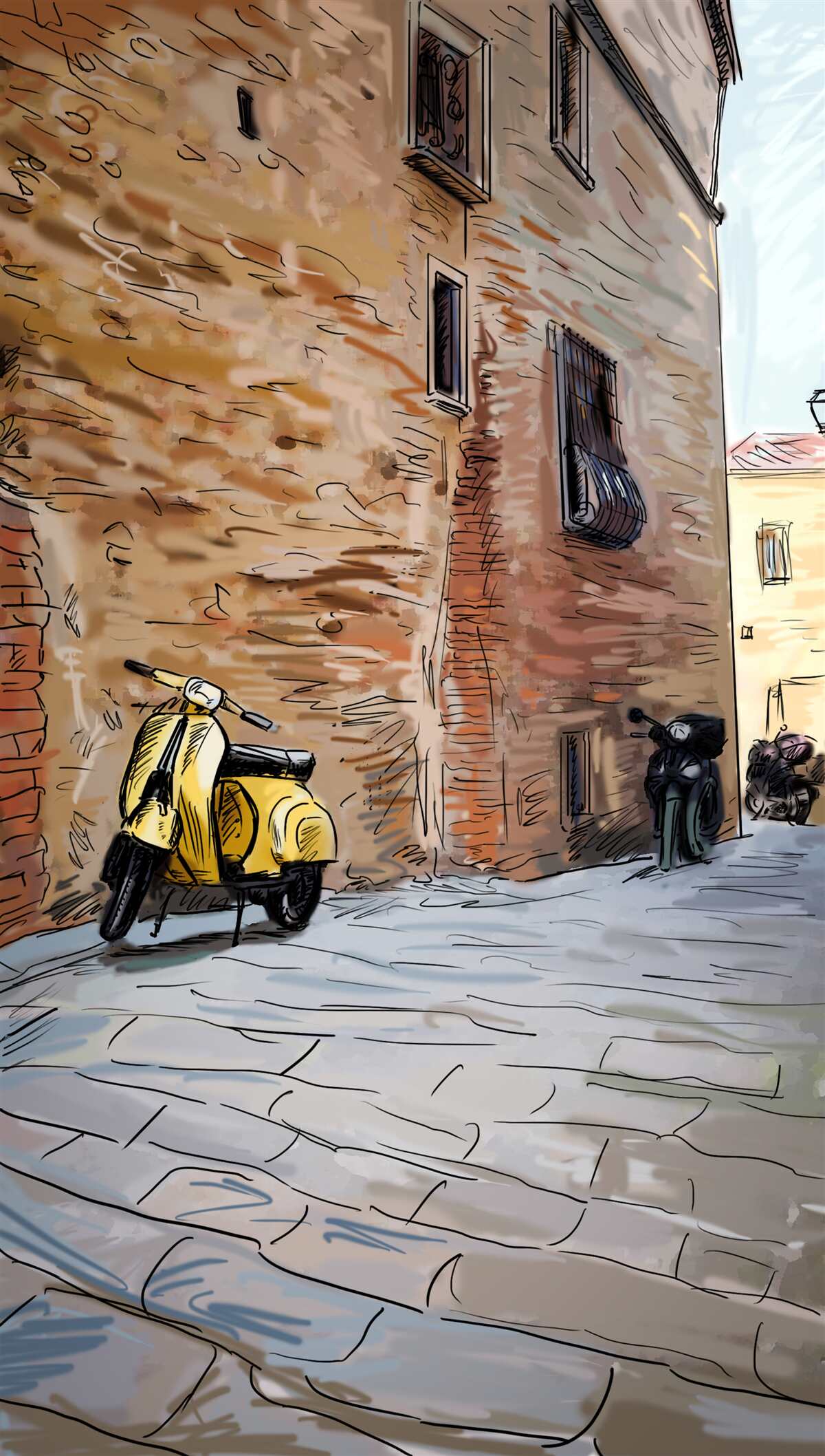 Фотошпалери старовинна брукована вулиця і скутер