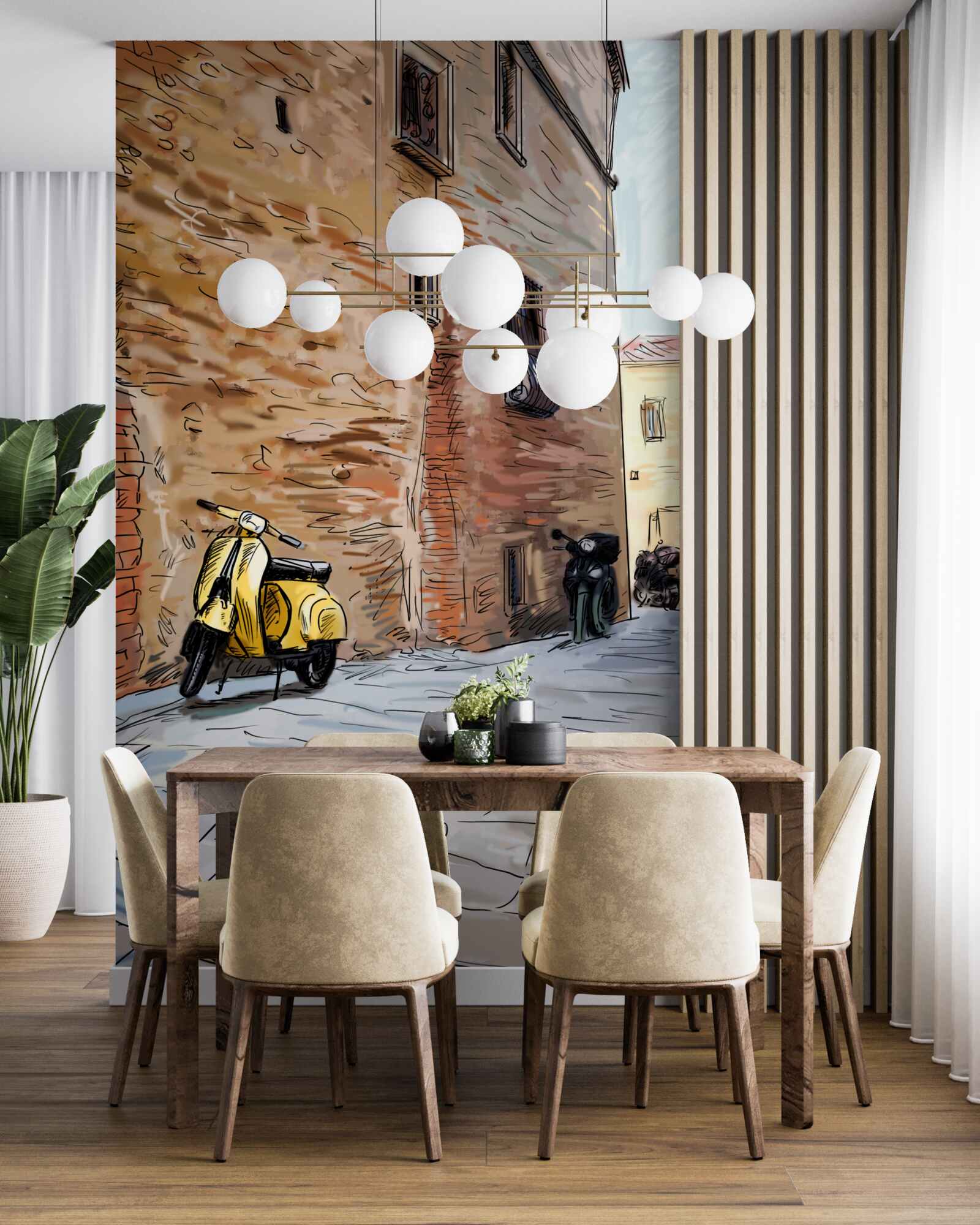 Фотошпалери старовинна брукована вулиця і скутер