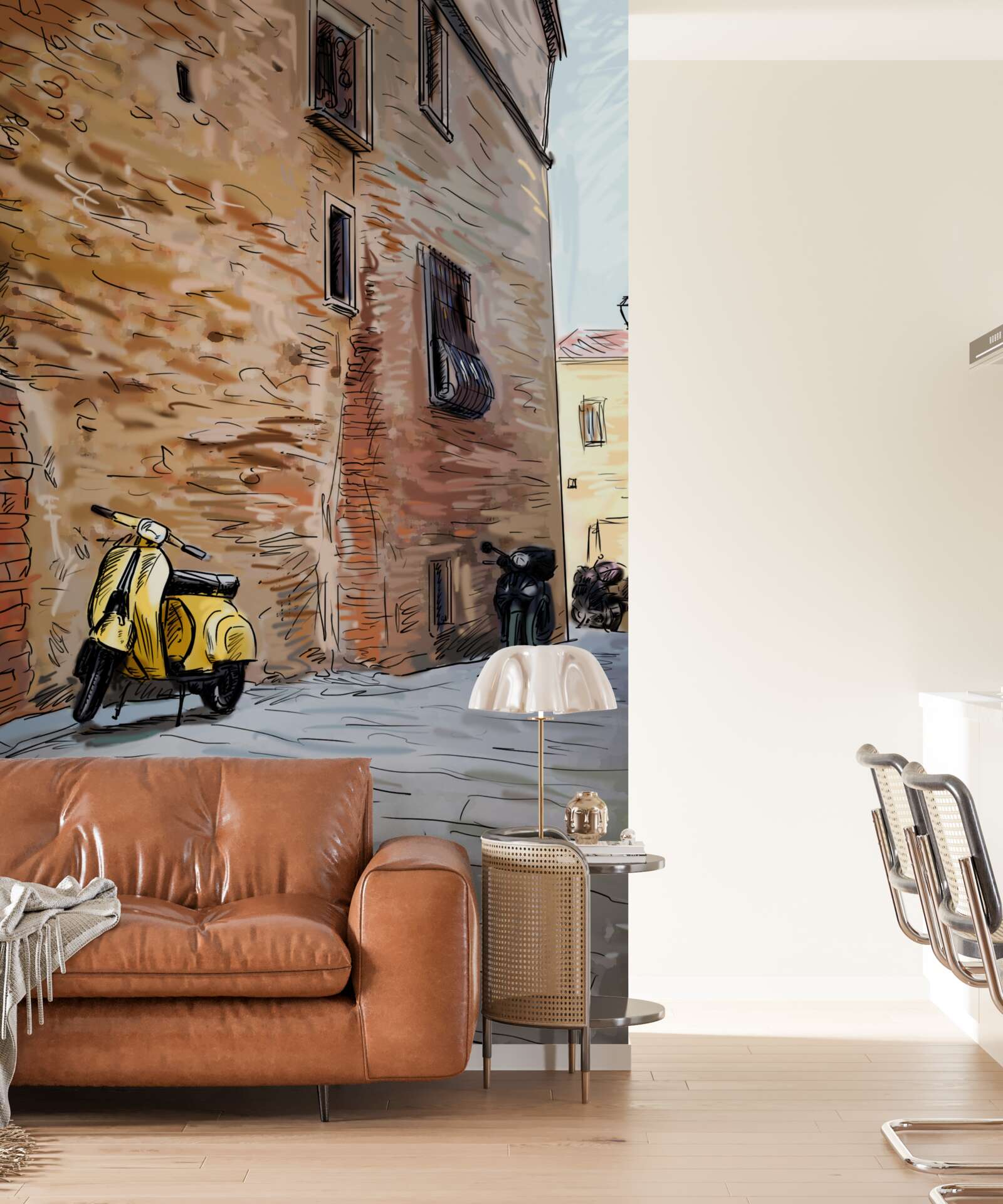 Фотошпалери старовинна брукована вулиця і скутер