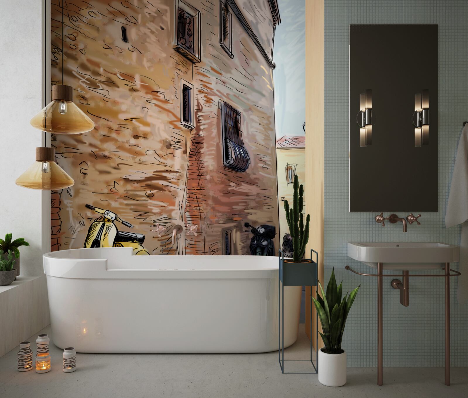 Фотошпалери старовинна брукована вулиця і скутер