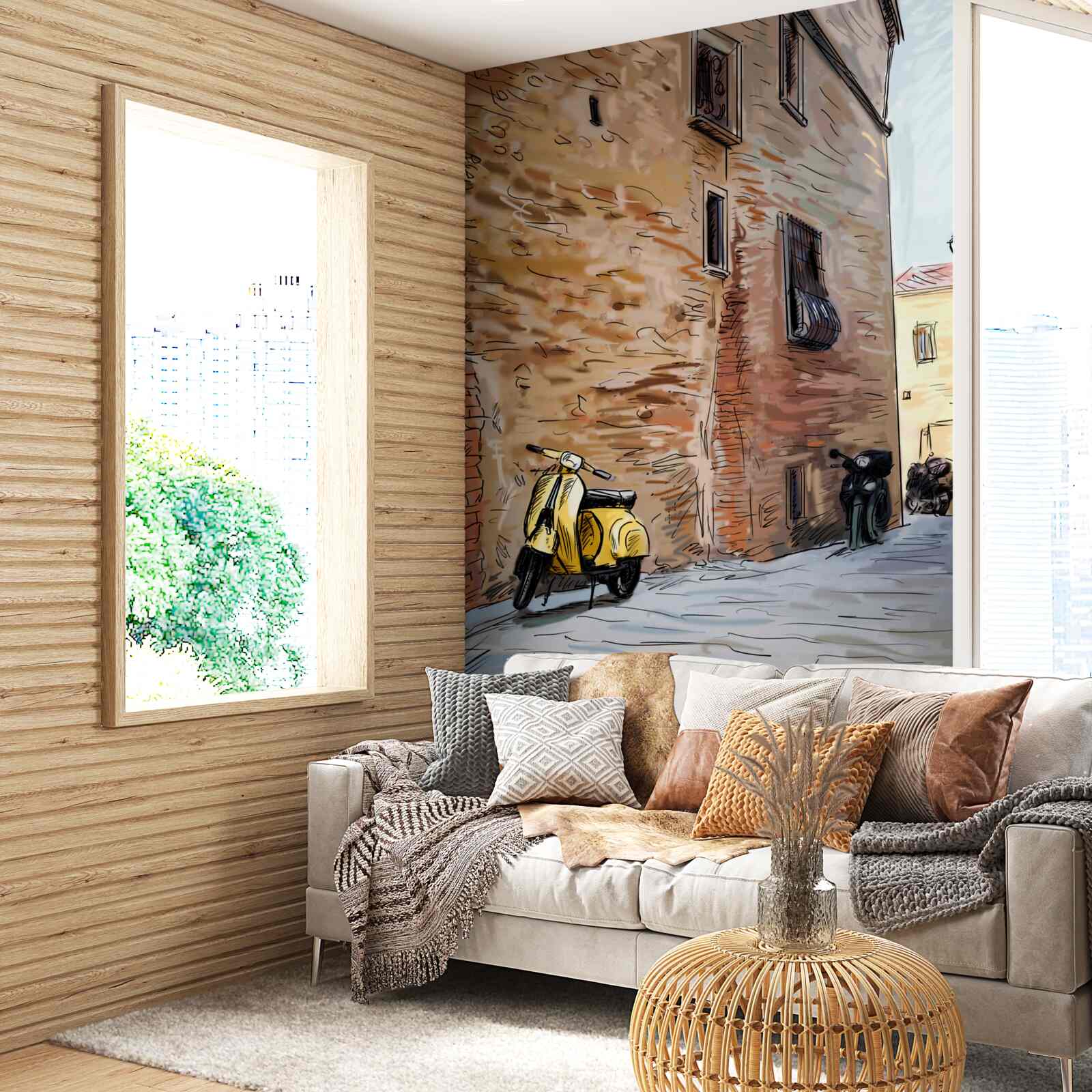 Фотошпалери старовинна брукована вулиця і скутер