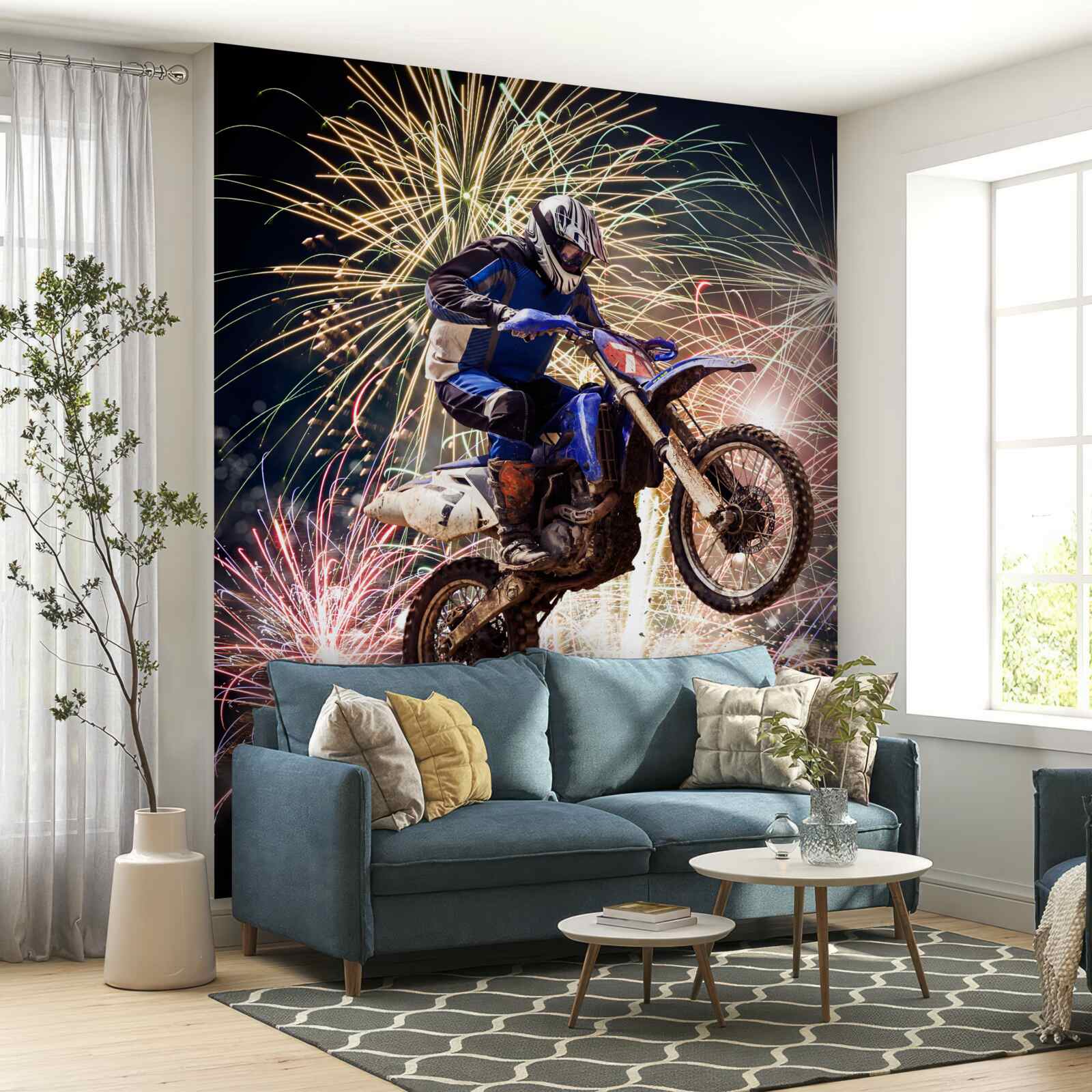 Фотошпалери велосипедист на тлі феєрверку