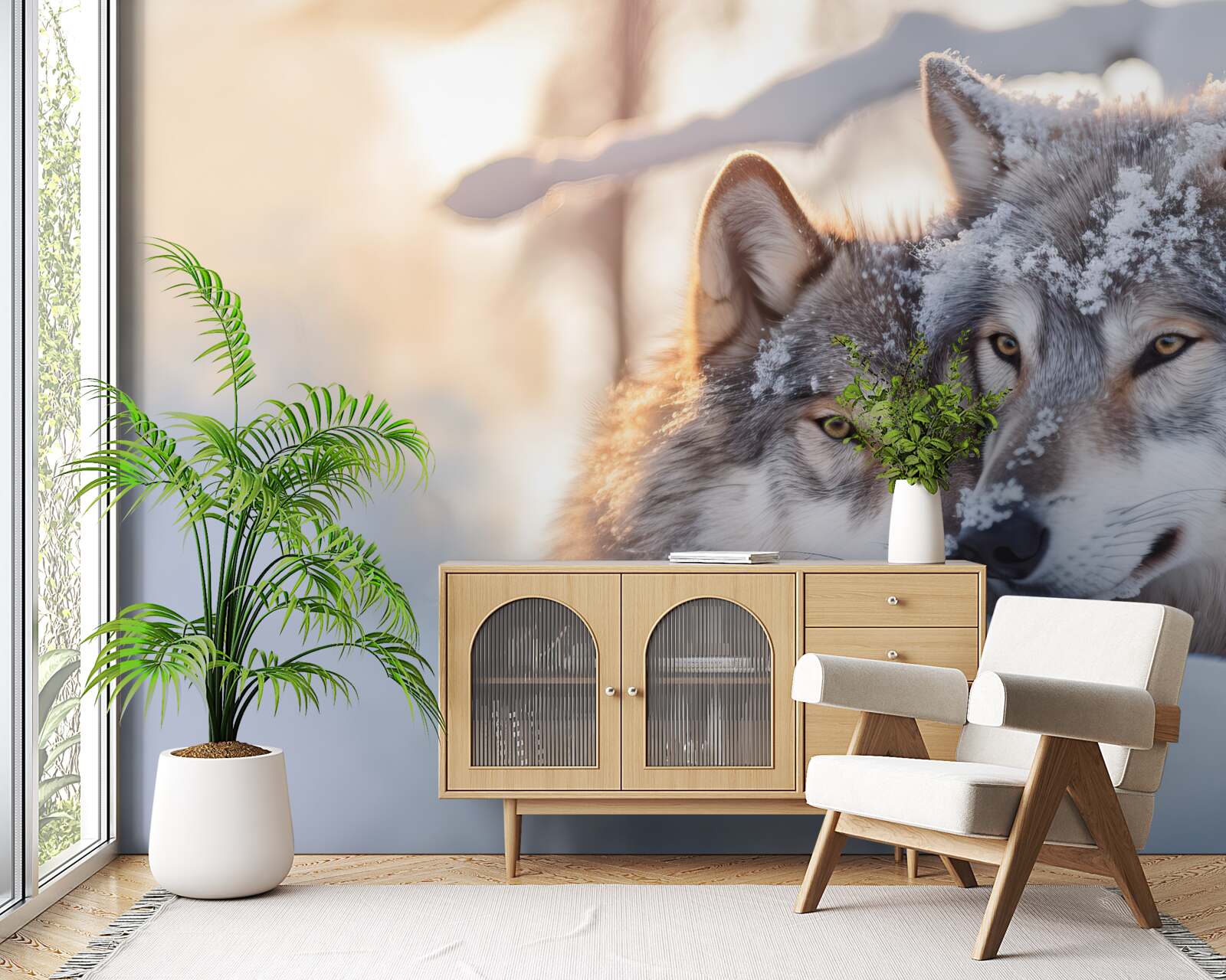 Фотошпалери Білосніжні пейзажі з сірими вовками посередині