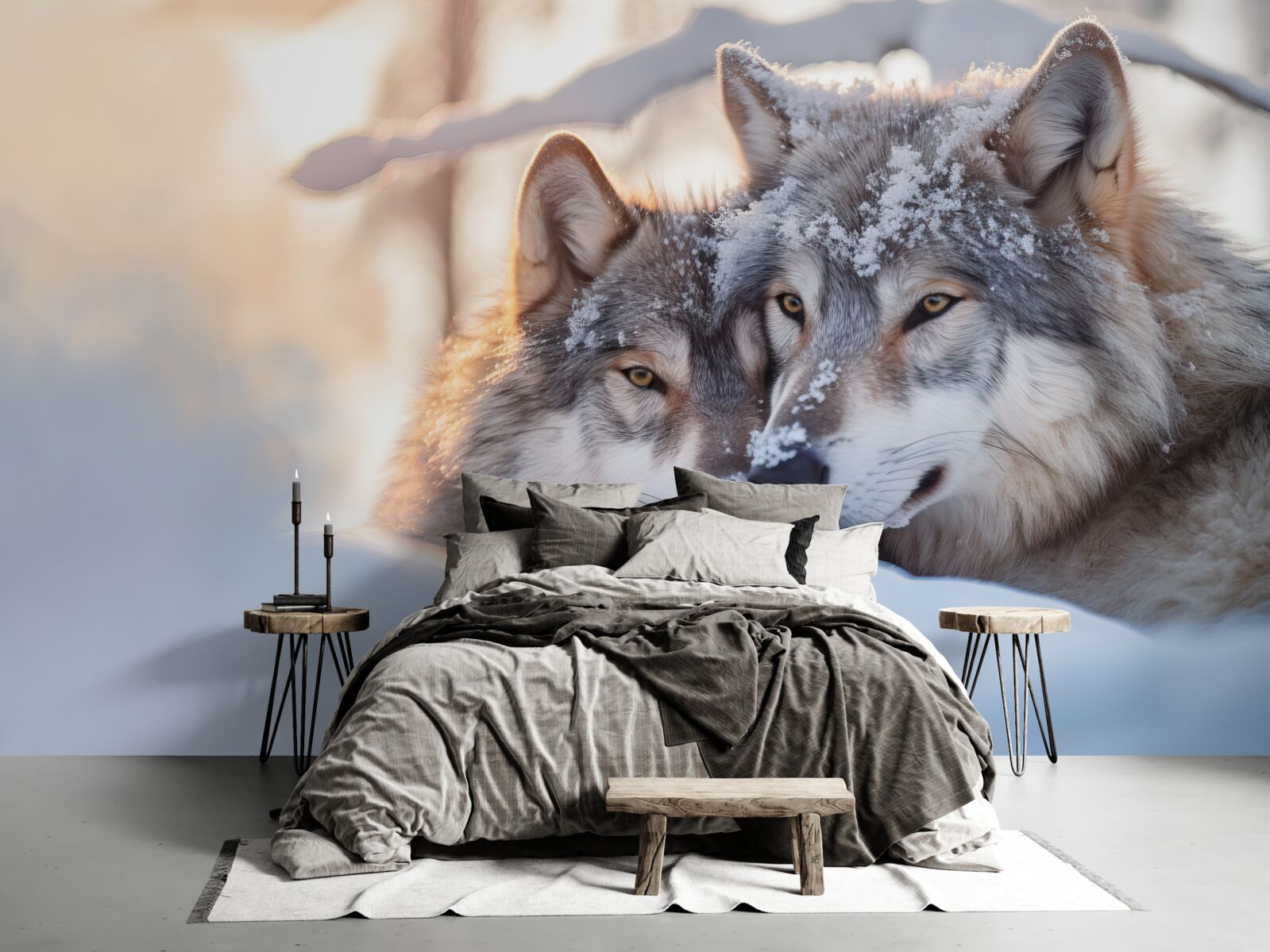 Фотошпалери Білосніжні пейзажі з сірими вовками посередині