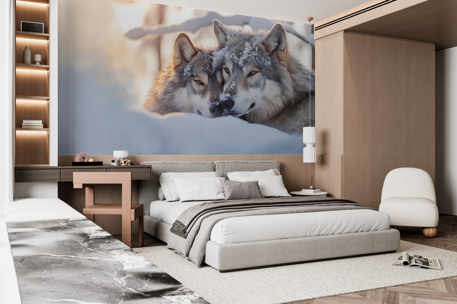 Фотошпалери Білосніжні пейзажі з сірими вовками посередині