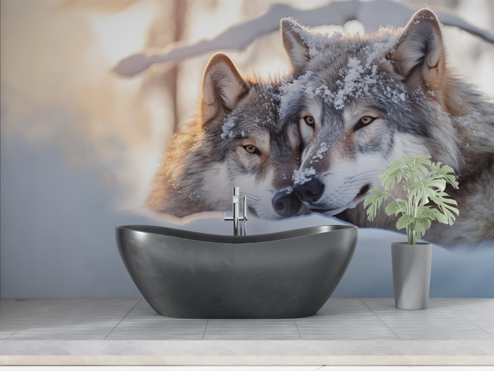 Фотошпалери Білосніжні пейзажі з сірими вовками посередині