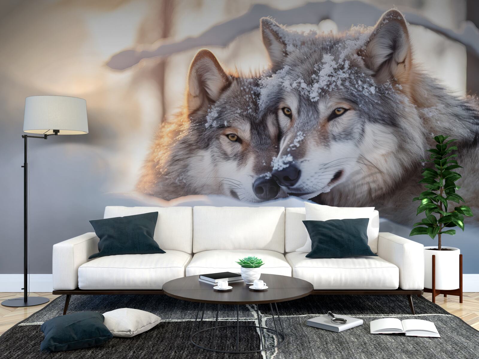 Фотошпалери Білосніжні пейзажі з сірими вовками посередині