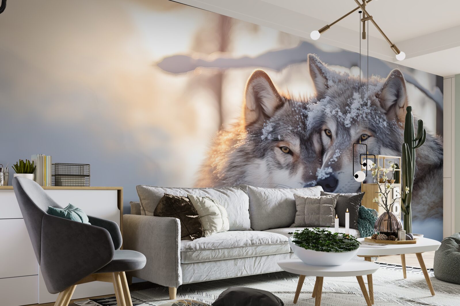 Фотошпалери Білосніжні пейзажі з сірими вовками посередині