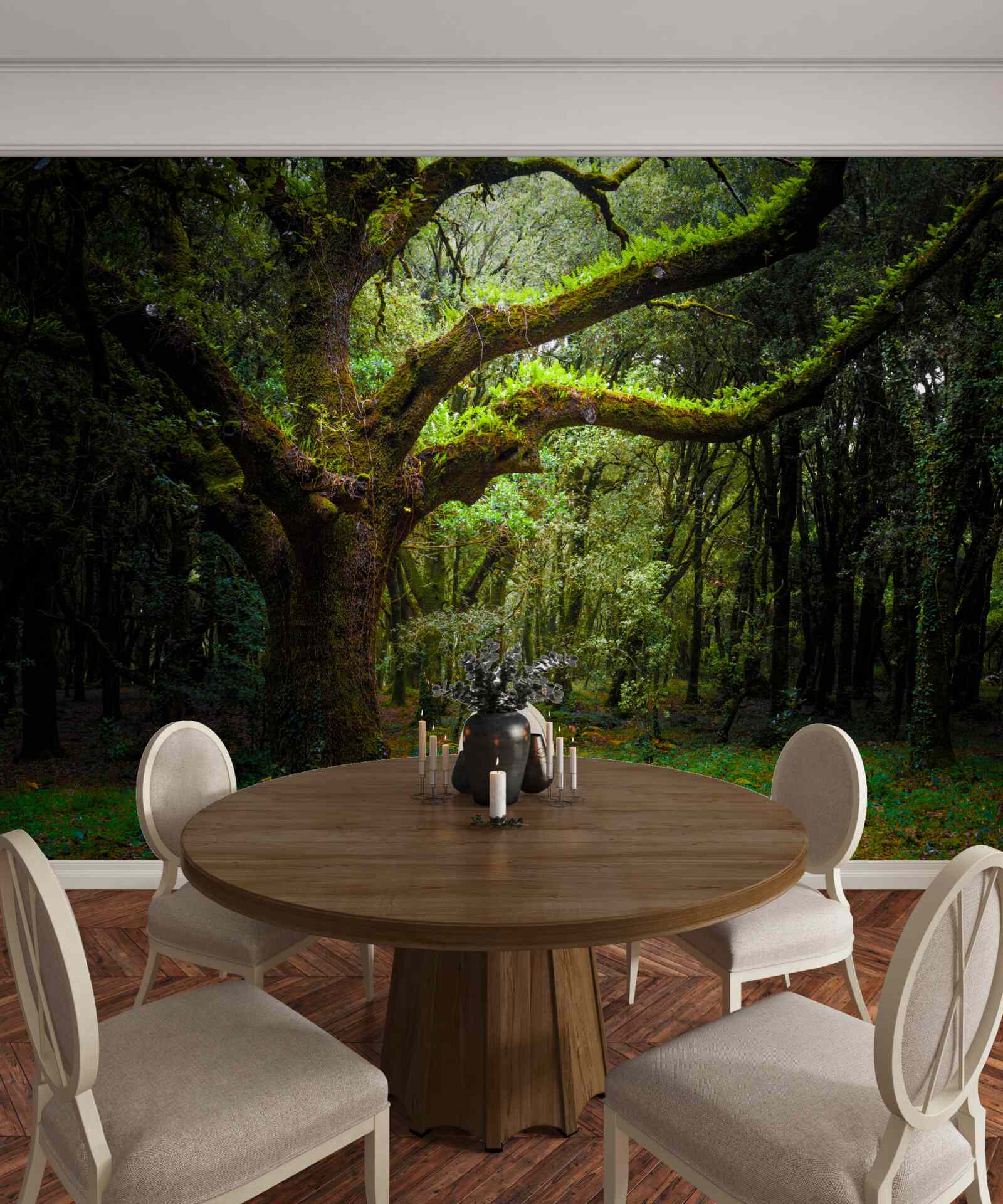 Фотошпалери кошлатий древній ліс з густими деревами