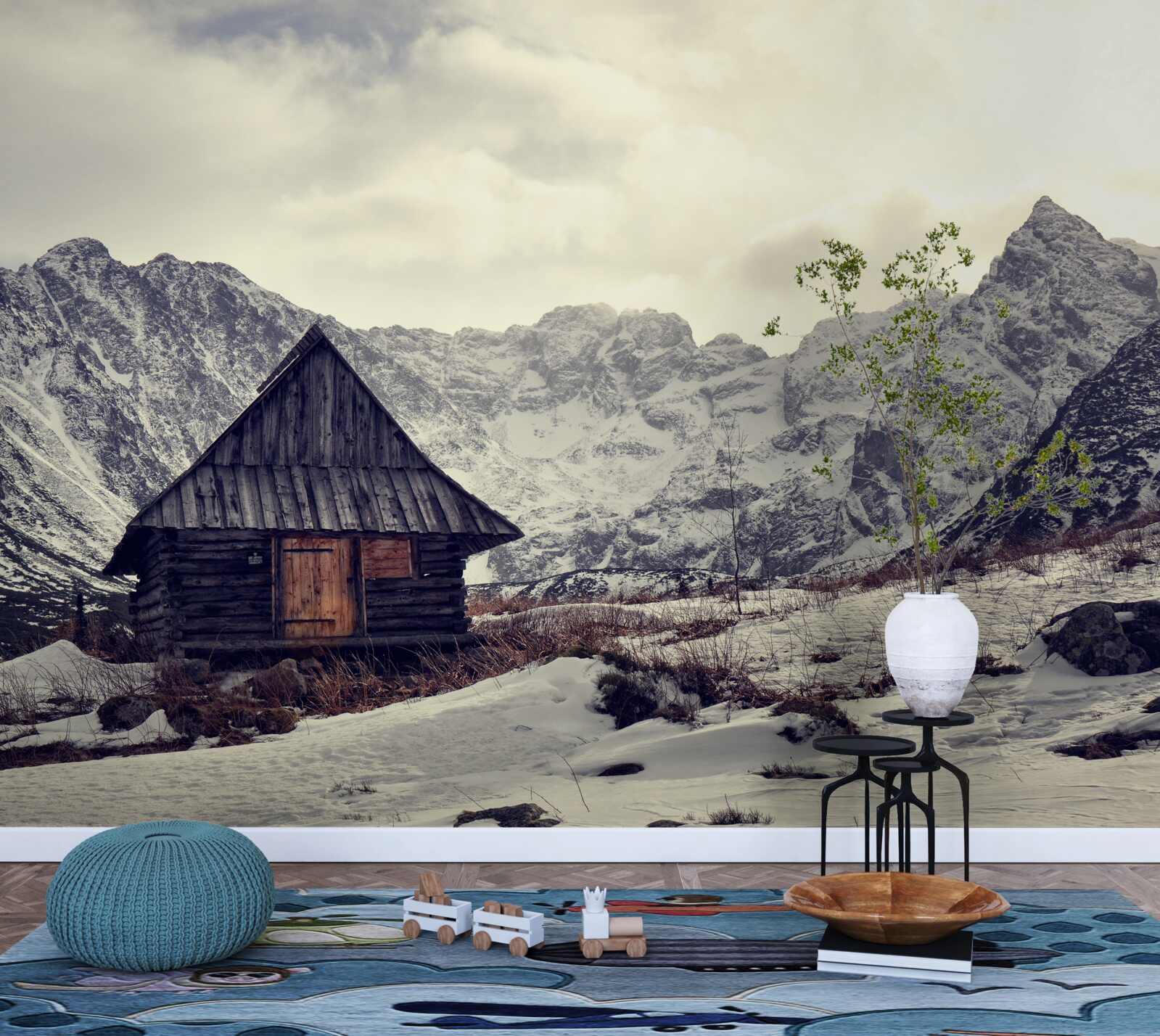 Фотошпалери затишний будинок серед морозних гір