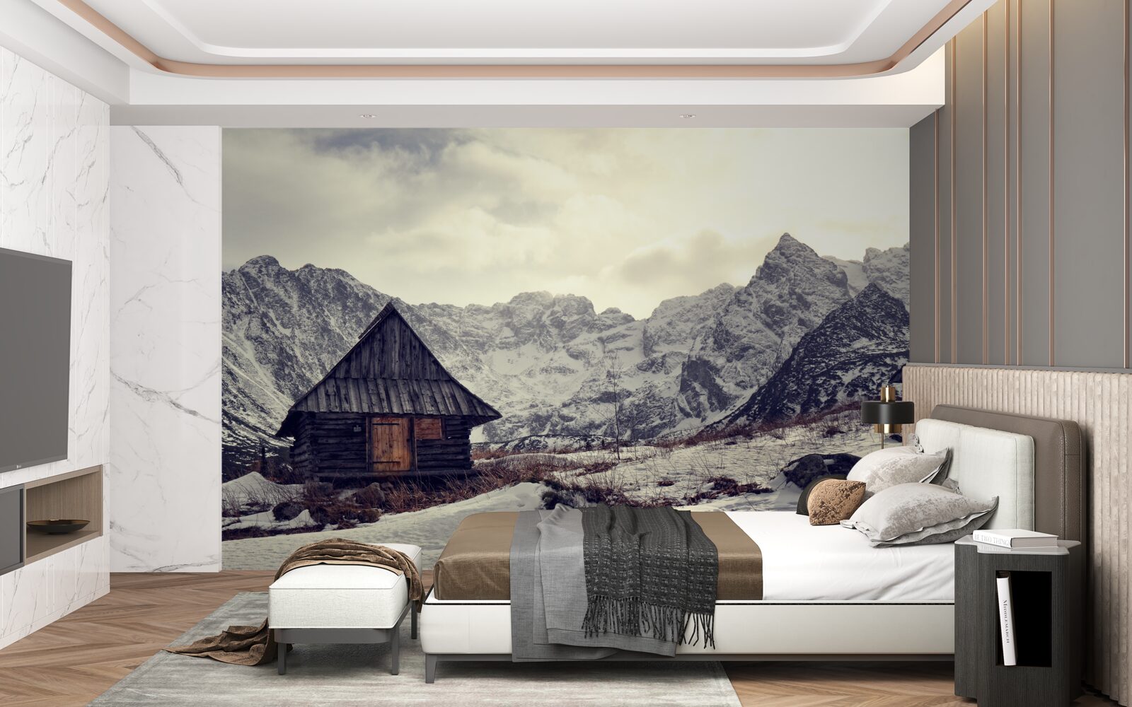 Фотошпалери затишний будинок серед морозних гір