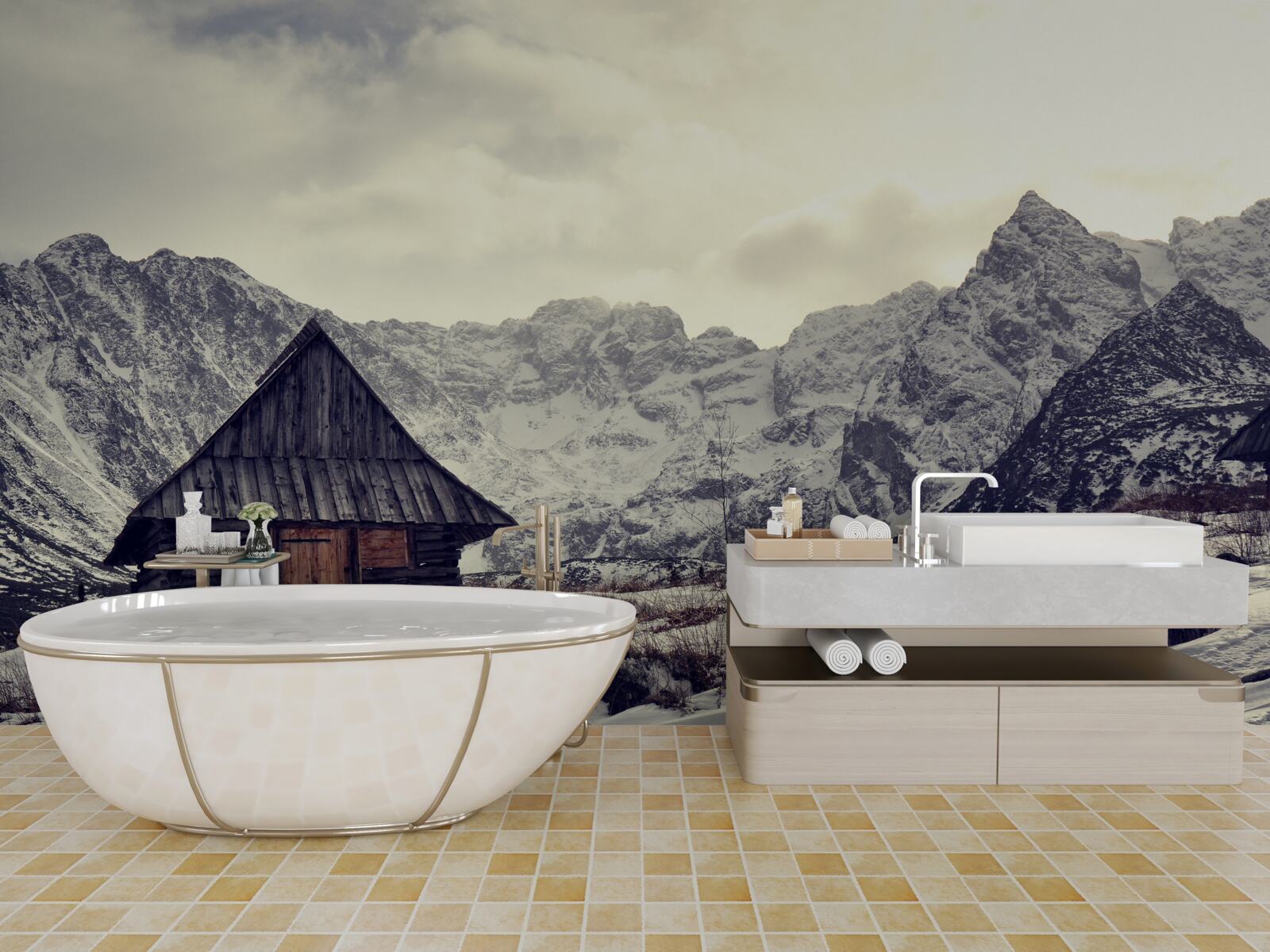 Фотошпалери затишний будинок серед морозних гір