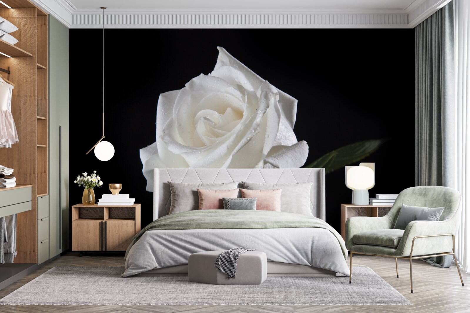 Фотошпалери чорний фон підкреслює білий колір троянди