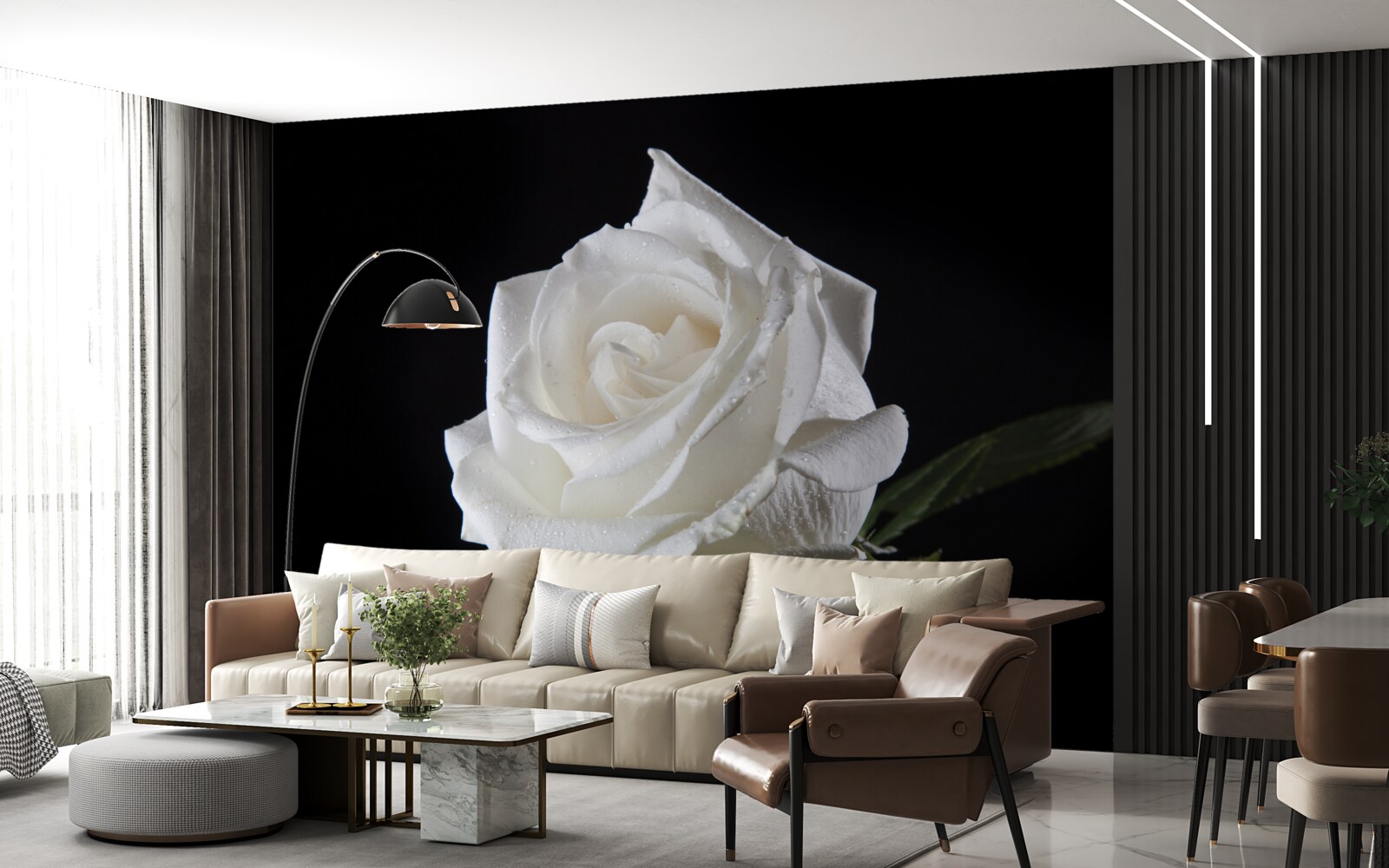 Фотошпалери чорний фон підкреслює білий колір троянди