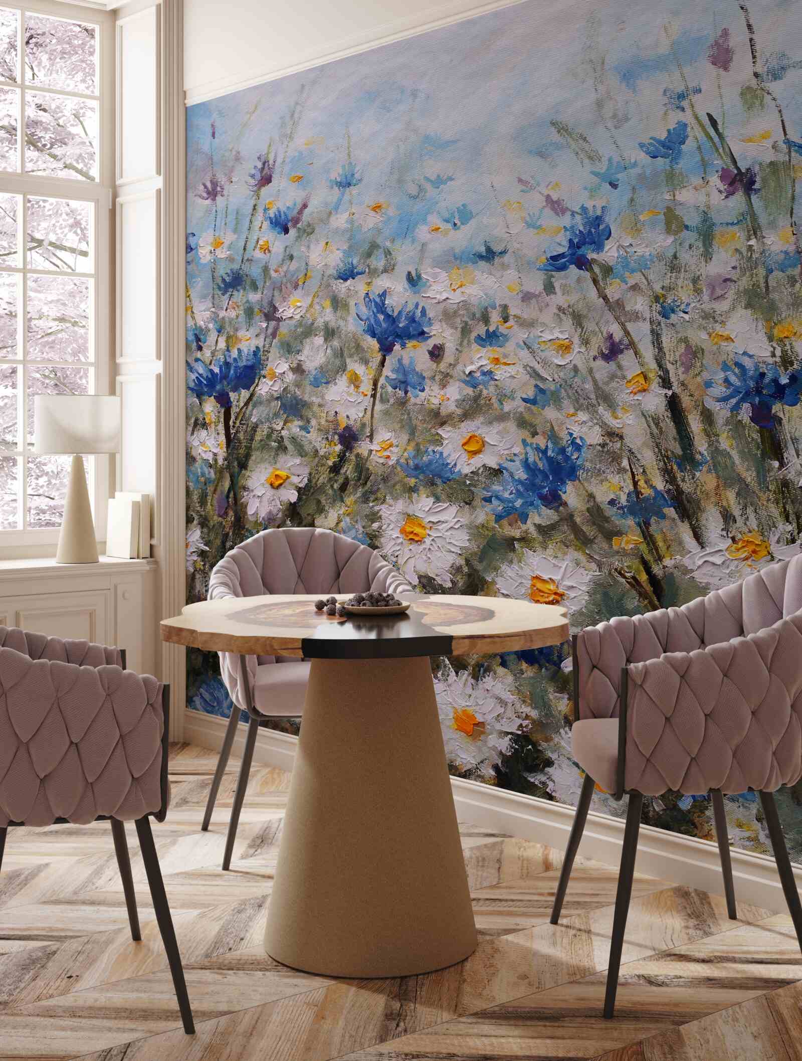 Фотошпалери пасовище маргариток і блакитних бутонів