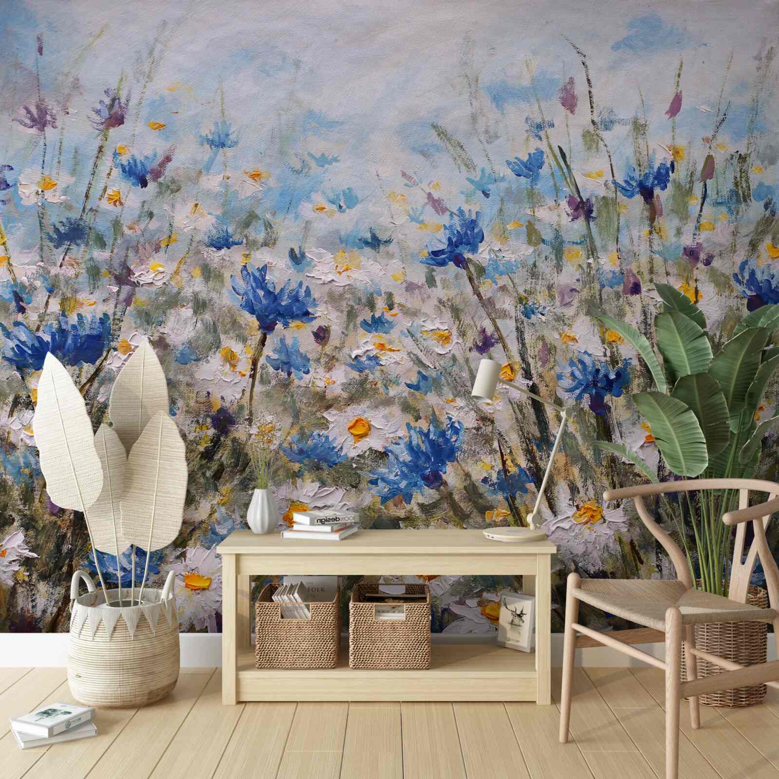 Фотошпалери пасовище маргариток і блакитних бутонів