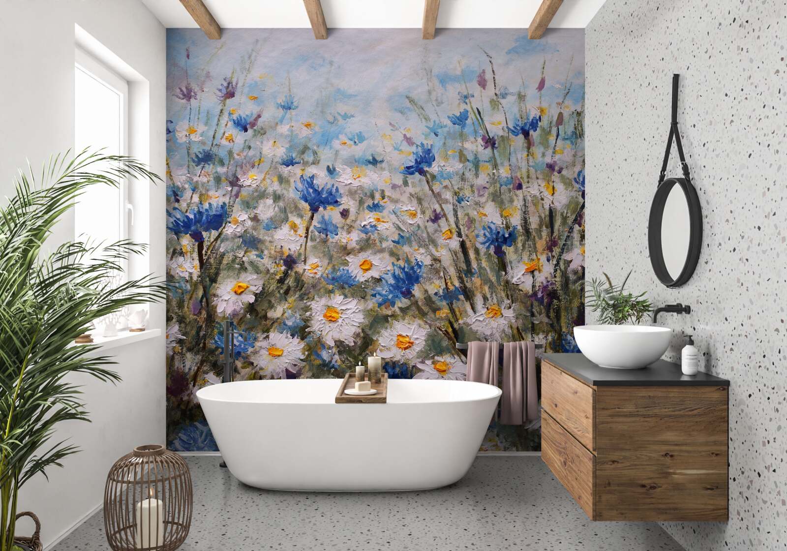 Фотошпалери пасовище маргариток і блакитних бутонів