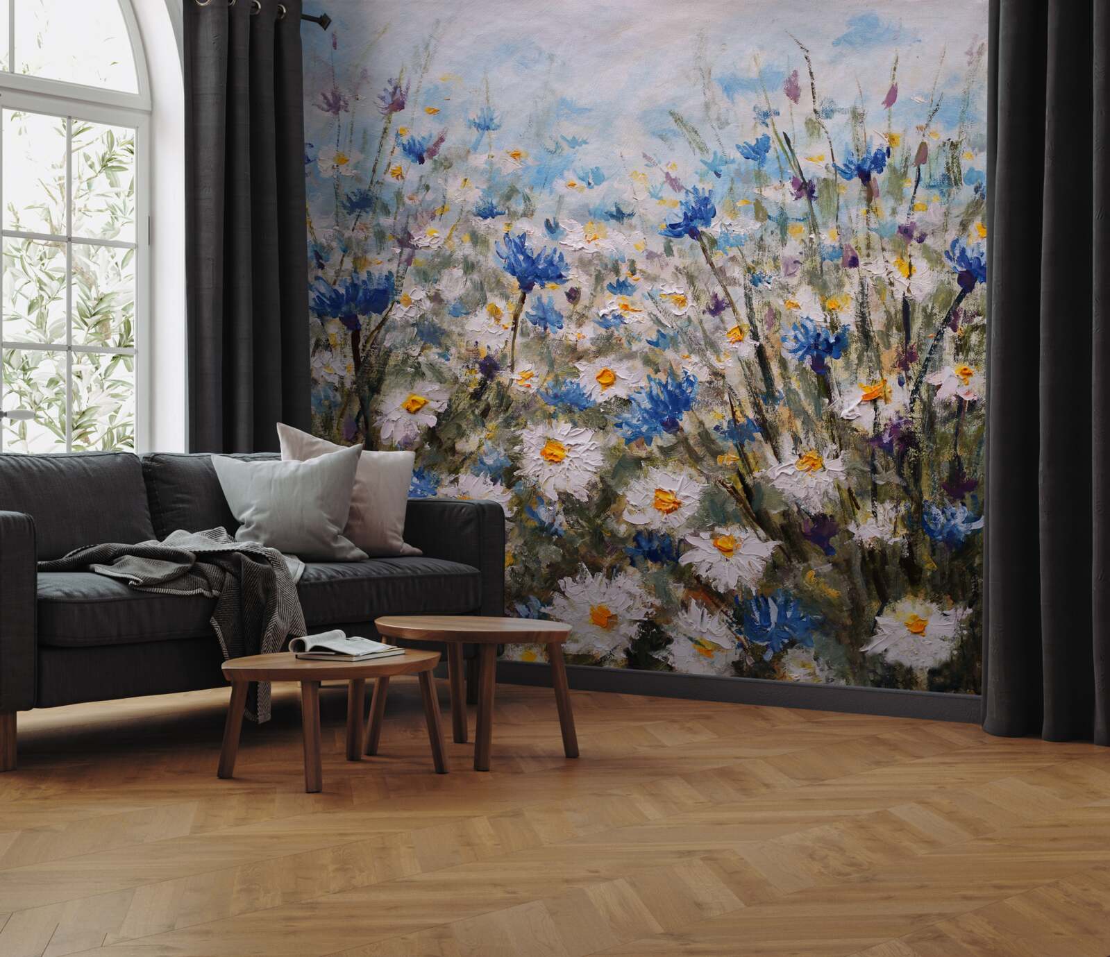 Фотошпалери пасовище маргариток і блакитних бутонів