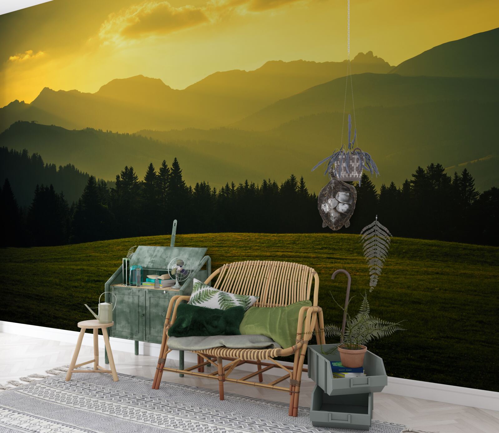 Фотошпалери дивовижний жовтий захід сонця в задимленому гірському лісі