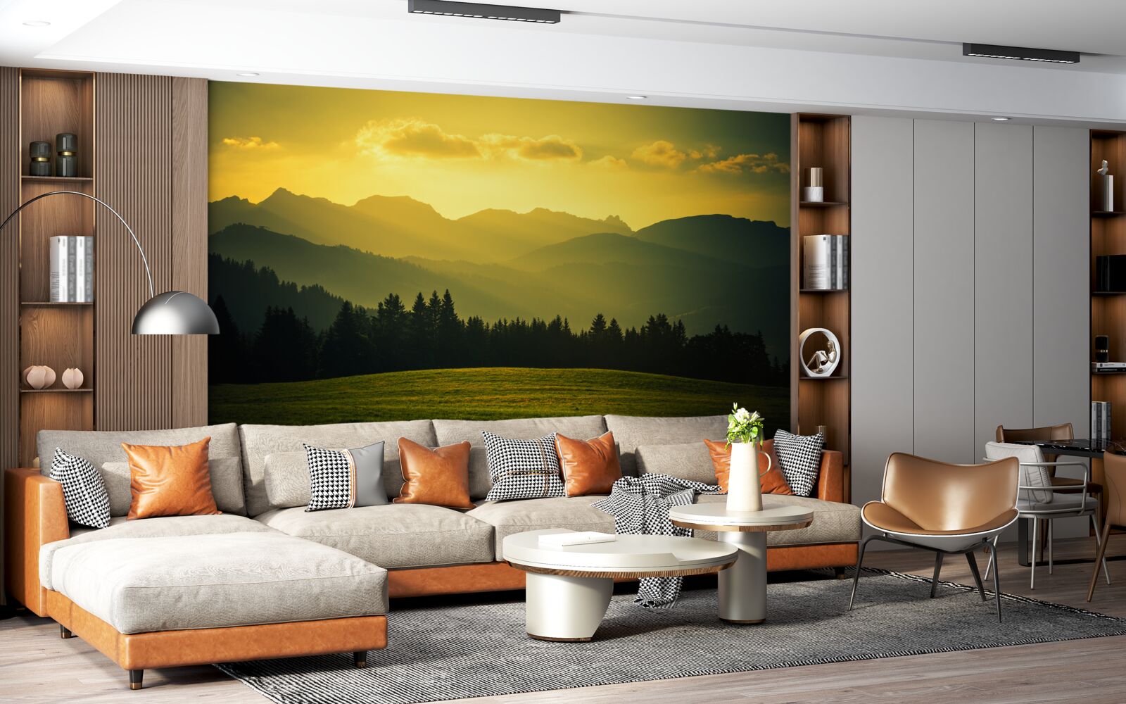 Фотошпалери дивовижний жовтий захід сонця в задимленому гірському лісі