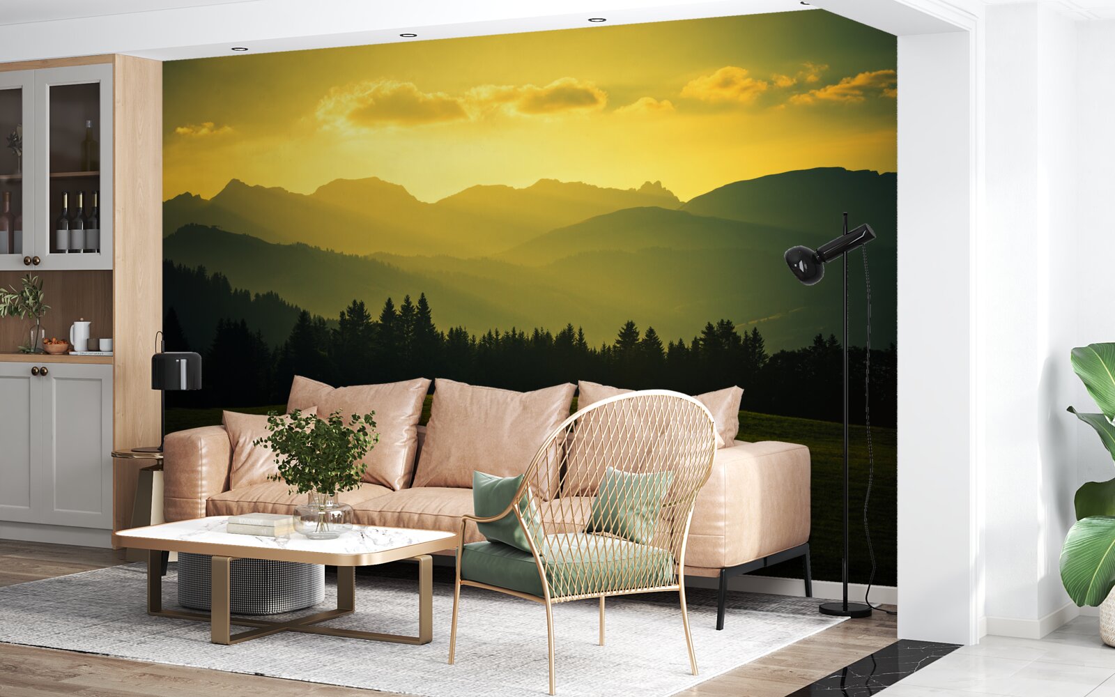 Фотошпалери дивовижний жовтий захід сонця в задимленому гірському лісі