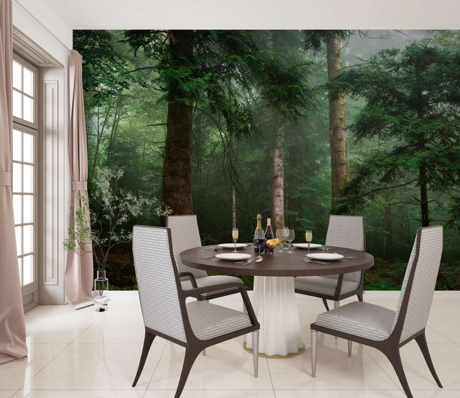 Фотошпалери старий хвойний ліс оповитий густим туманом