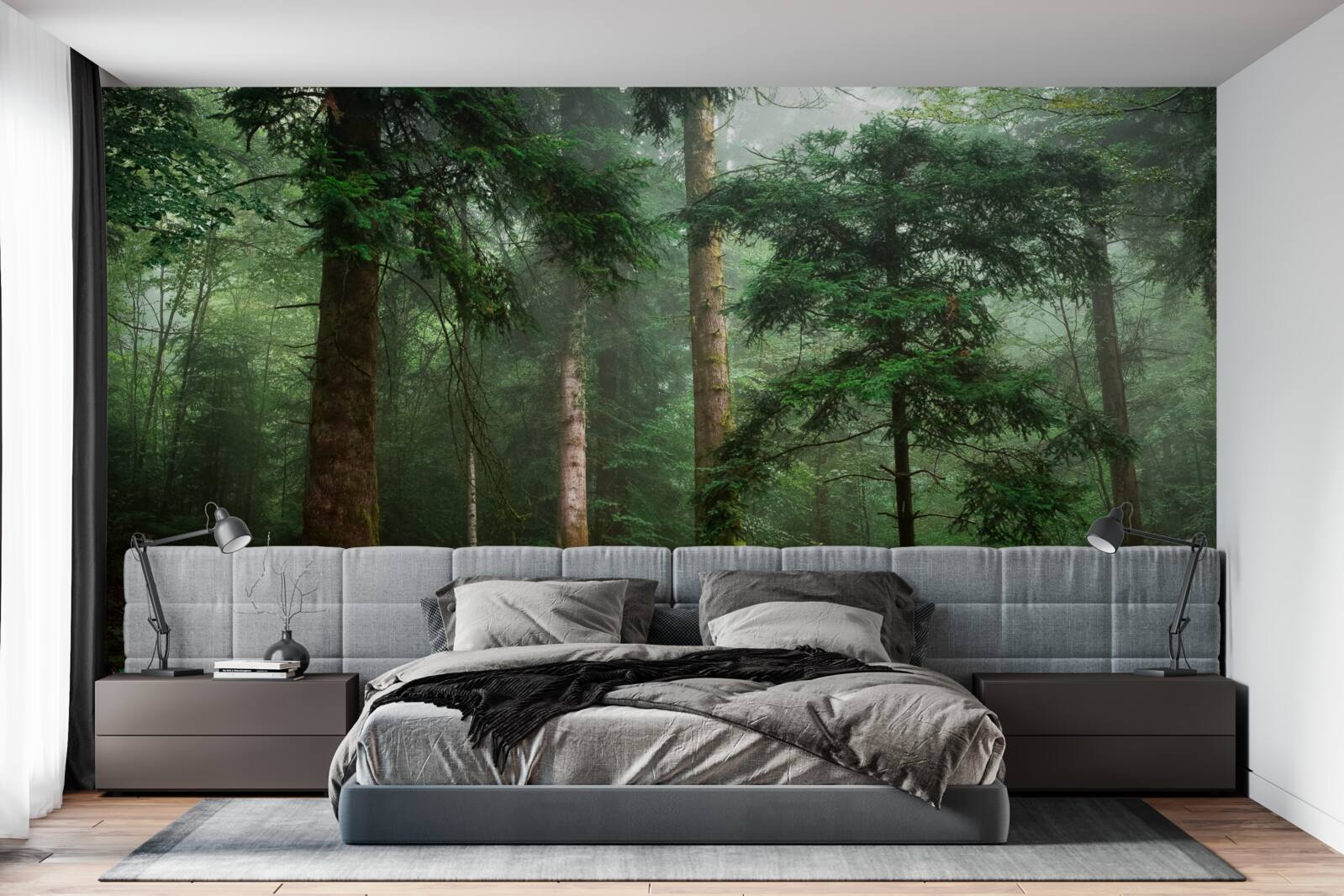 Фотошпалери старий хвойний ліс оповитий густим туманом