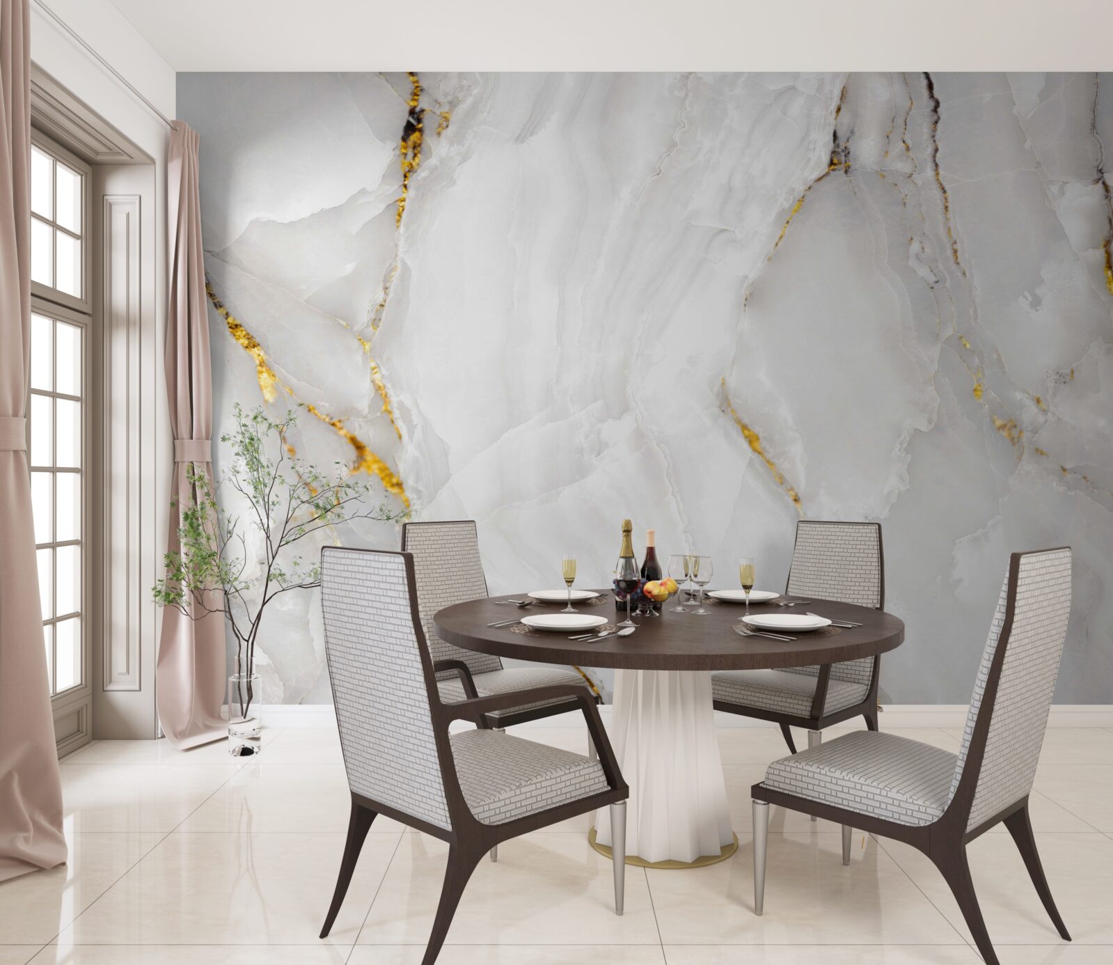 Фотошпалери мармур у відтінках сірого та білого з елементами золота