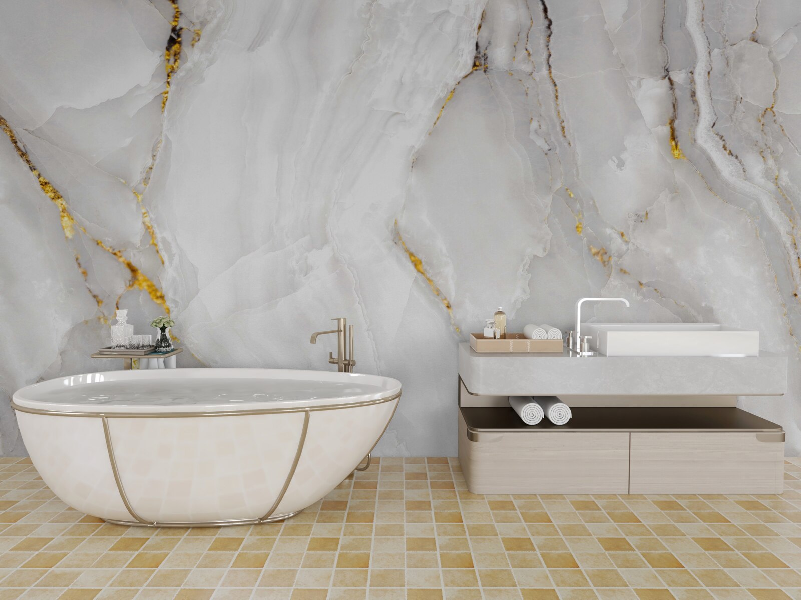 Фотошпалери мармур у відтінках сірого та білого з елементами золота