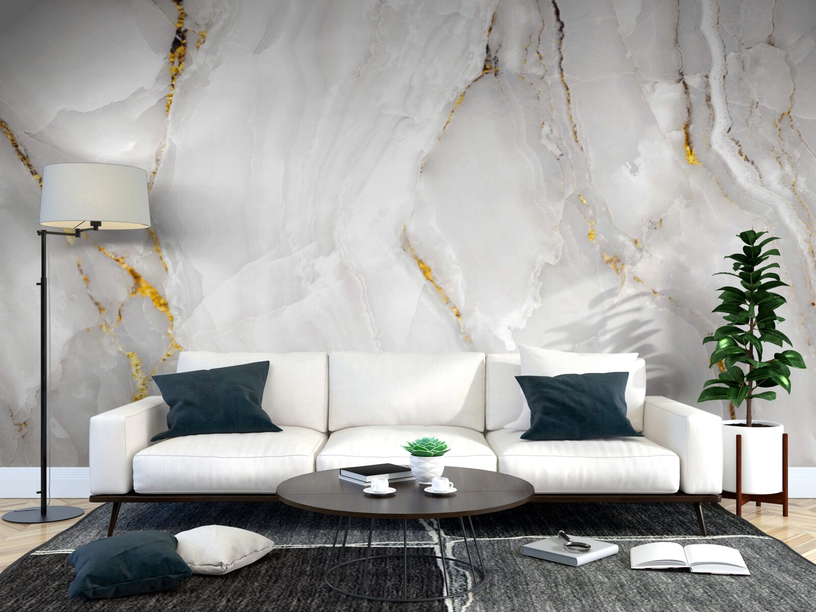 Фотошпалери мармур у відтінках сірого та білого з елементами золота