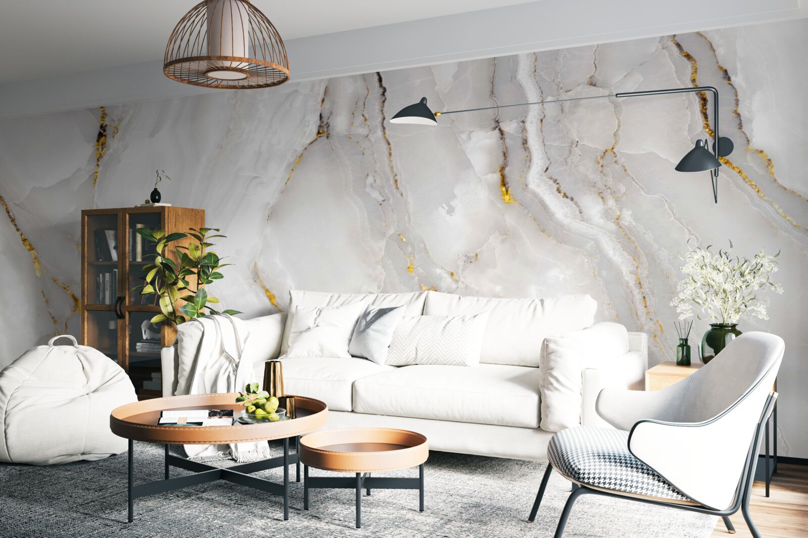 Фотошпалери мармур у відтінках сірого та білого з елементами золота