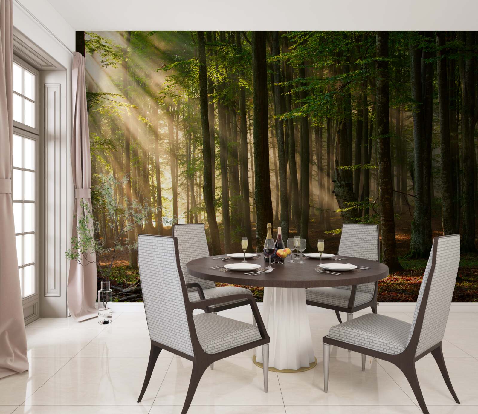 Фотошпалери Сонячне світло виганяє прохолоду з лісу після нічної прогулянки