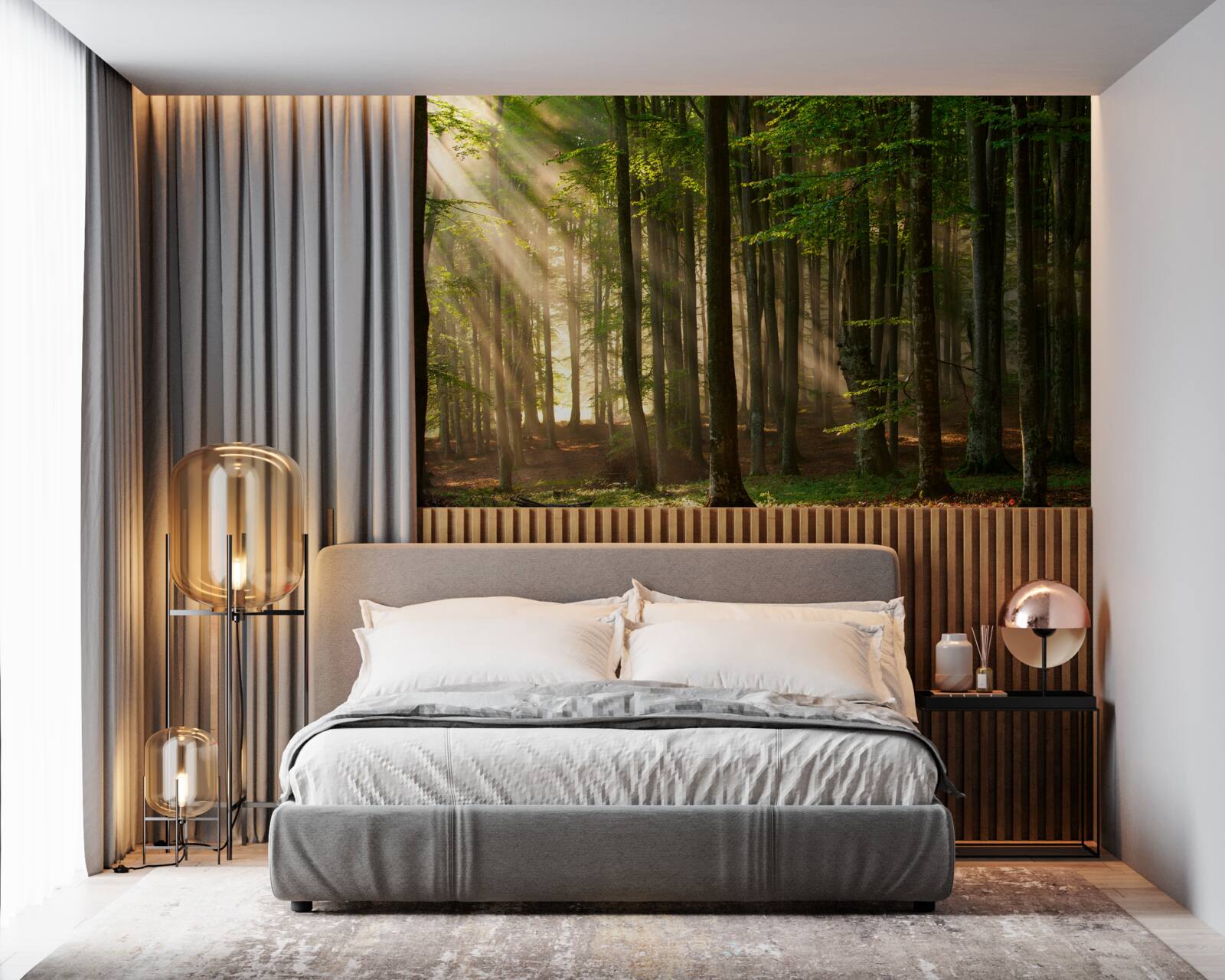 Фотошпалери Сонячне світло виганяє прохолоду з лісу після нічної прогулянки